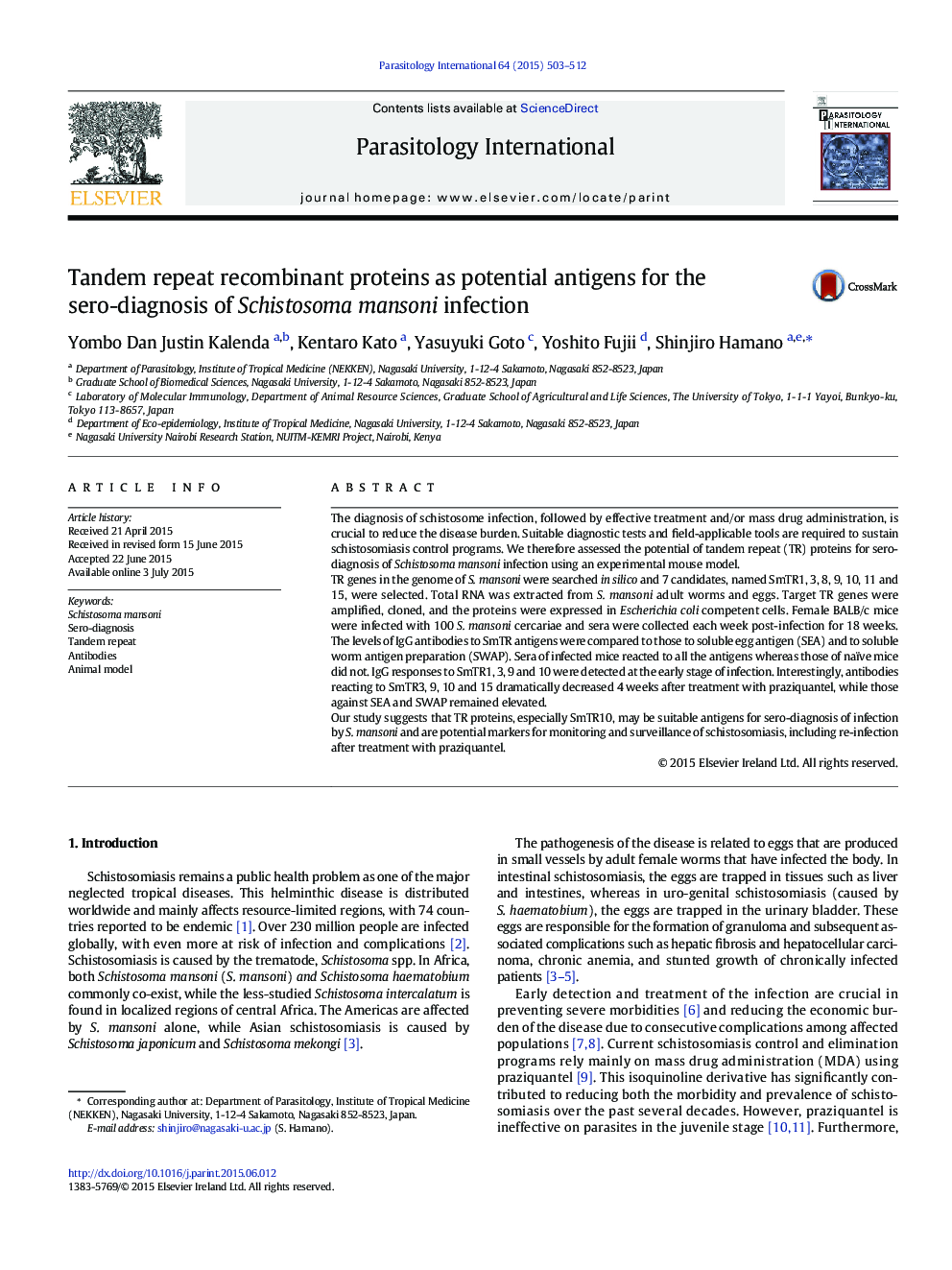 Tandem repeat recombinant proteins as potential antigens for the sero-diagnosis of Schistosoma mansoni infection