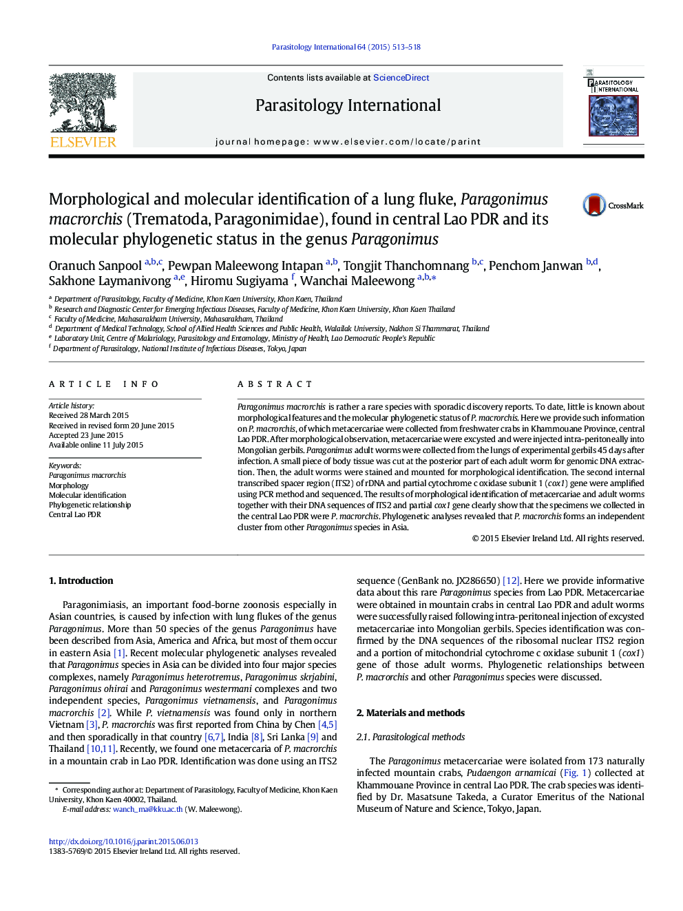 Morphological and molecular identification of a lung fluke, Paragonimus macrorchis (Trematoda, Paragonimidae), found in central Lao PDR and its molecular phylogenetic status in the genus Paragonimus