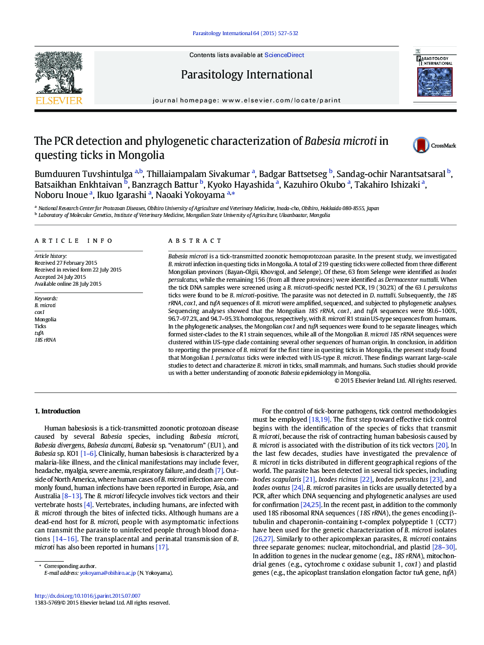 The PCR detection and phylogenetic characterization of Babesia microti in questing ticks in Mongolia