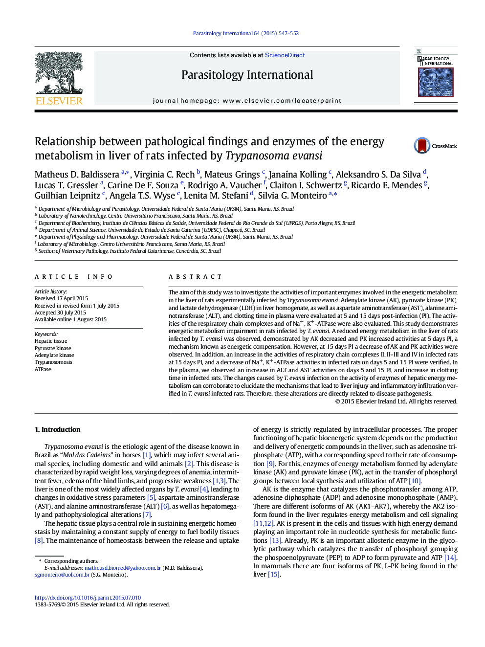 Relationship between pathological findings and enzymes of the energy metabolism in liver of rats infected by Trypanosoma evansi