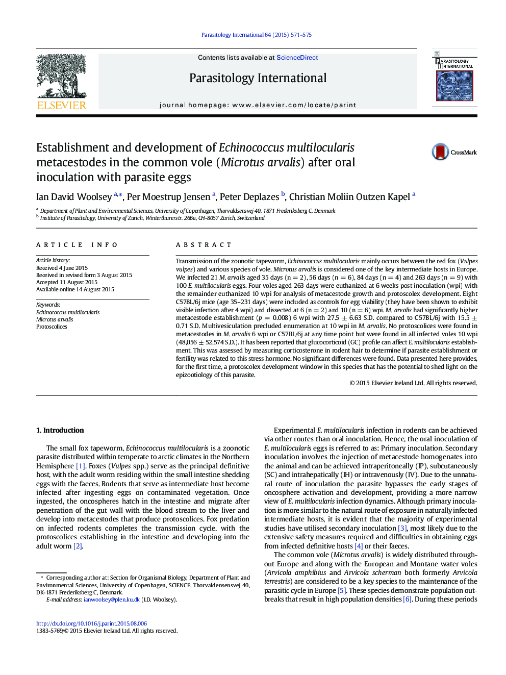 Establishment and development of Echinococcus multilocularis metacestodes in the common vole (Microtus arvalis) after oral inoculation with parasite eggs