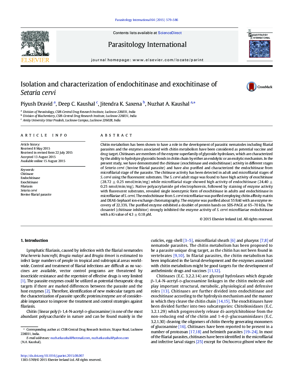 Isolation and characterization of endochitinase and exochitinase of Setaria cervi