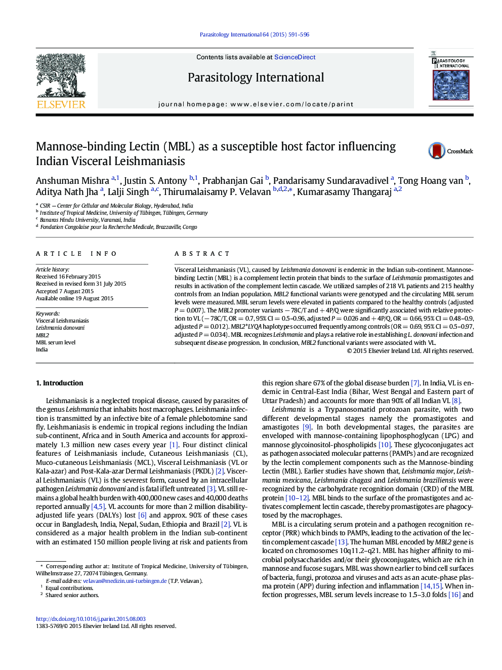 Mannose-binding Lectin (MBL) as a susceptible host factor influencing Indian Visceral Leishmaniasis