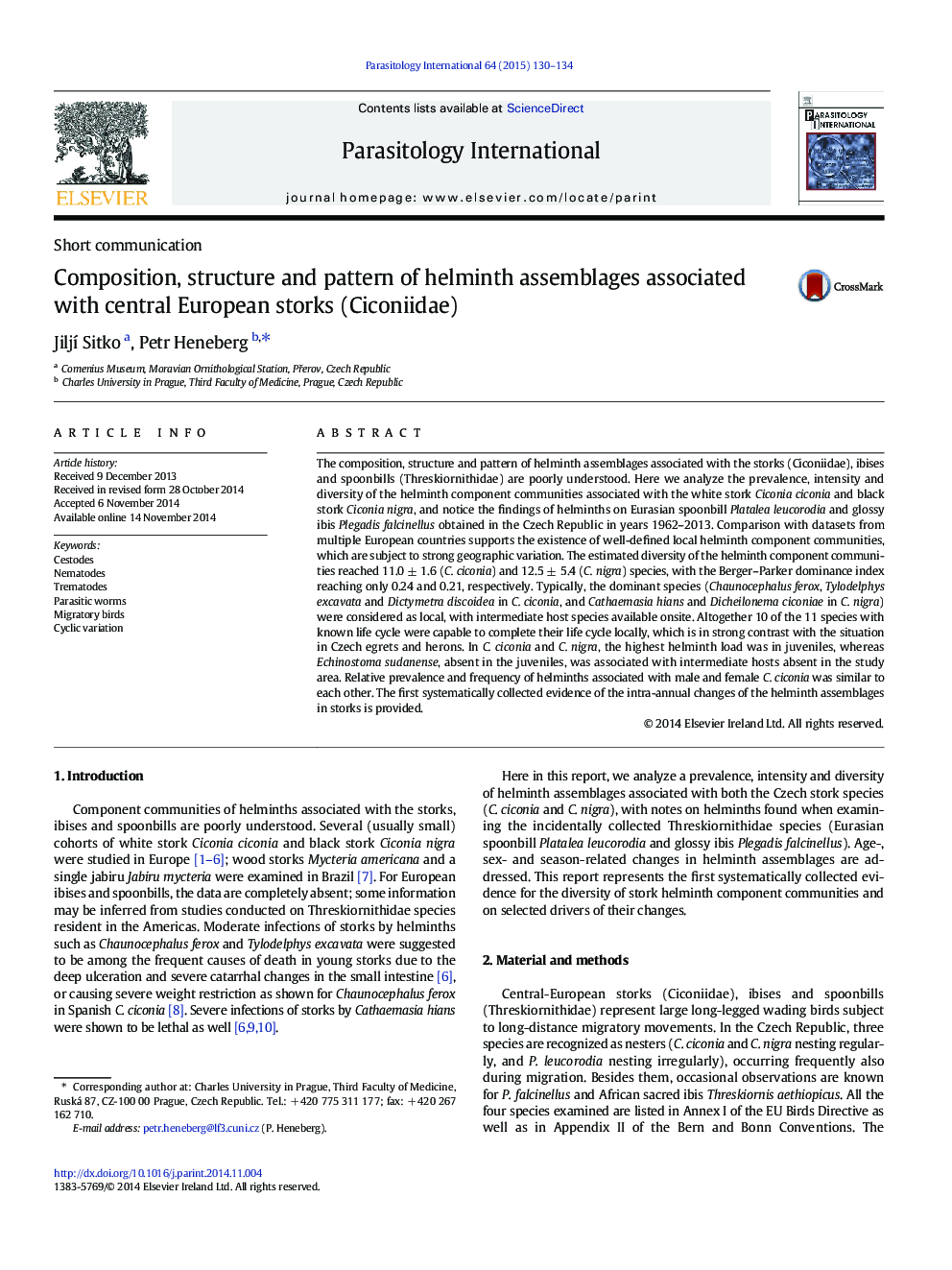 Composition, structure and pattern of helminth assemblages associated with central European storks (Ciconiidae)