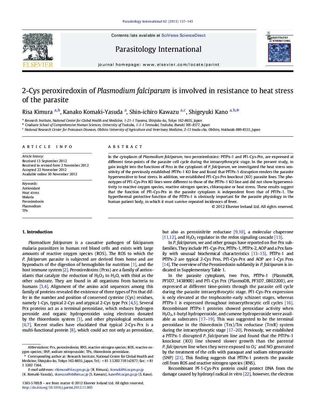 2-Cys peroxiredoxin of Plasmodium falciparum is involved in resistance to heat stress of the parasite