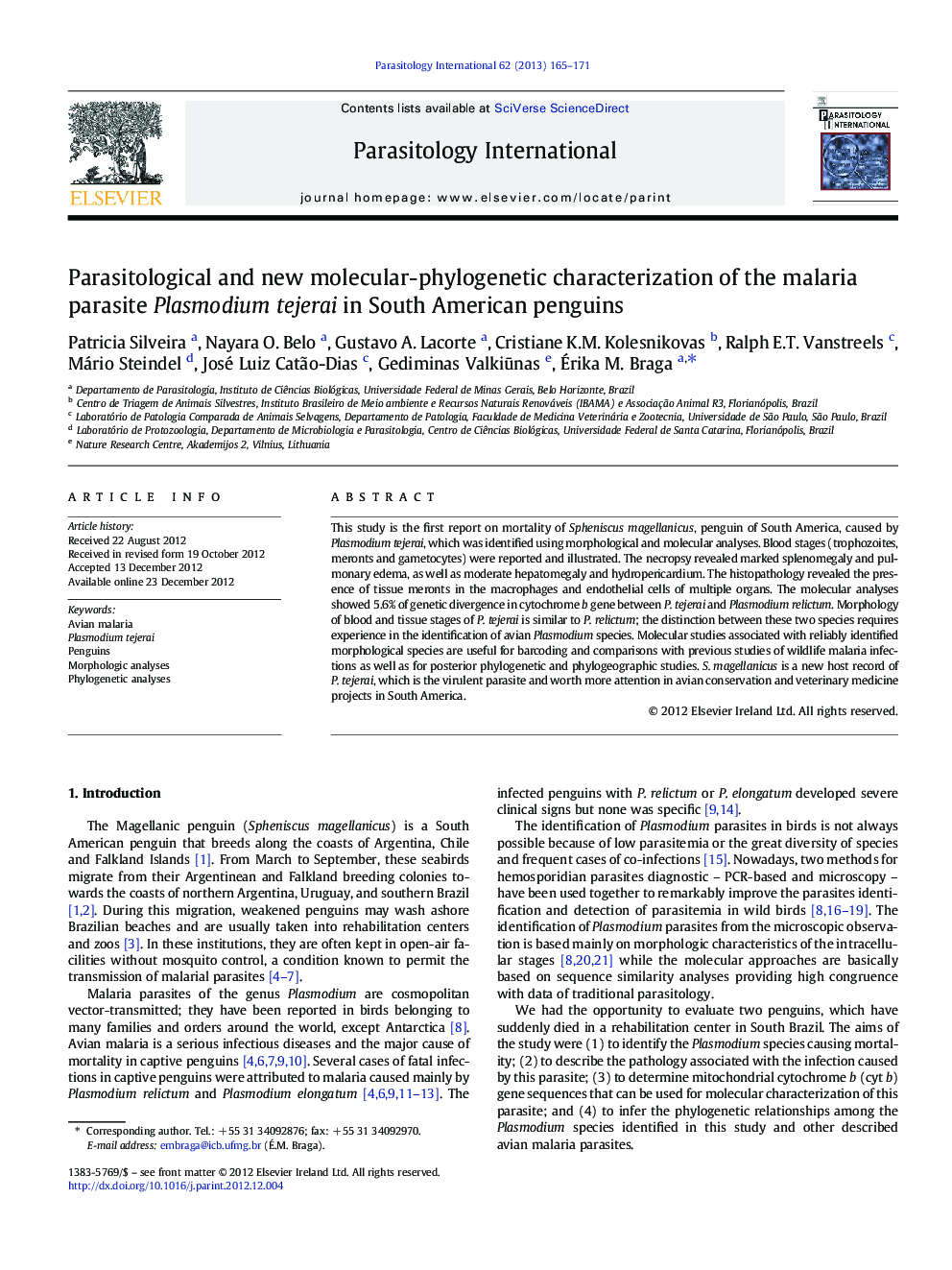 Parasitological and new molecular-phylogenetic characterization of the malaria parasite Plasmodium tejerai in South American penguins