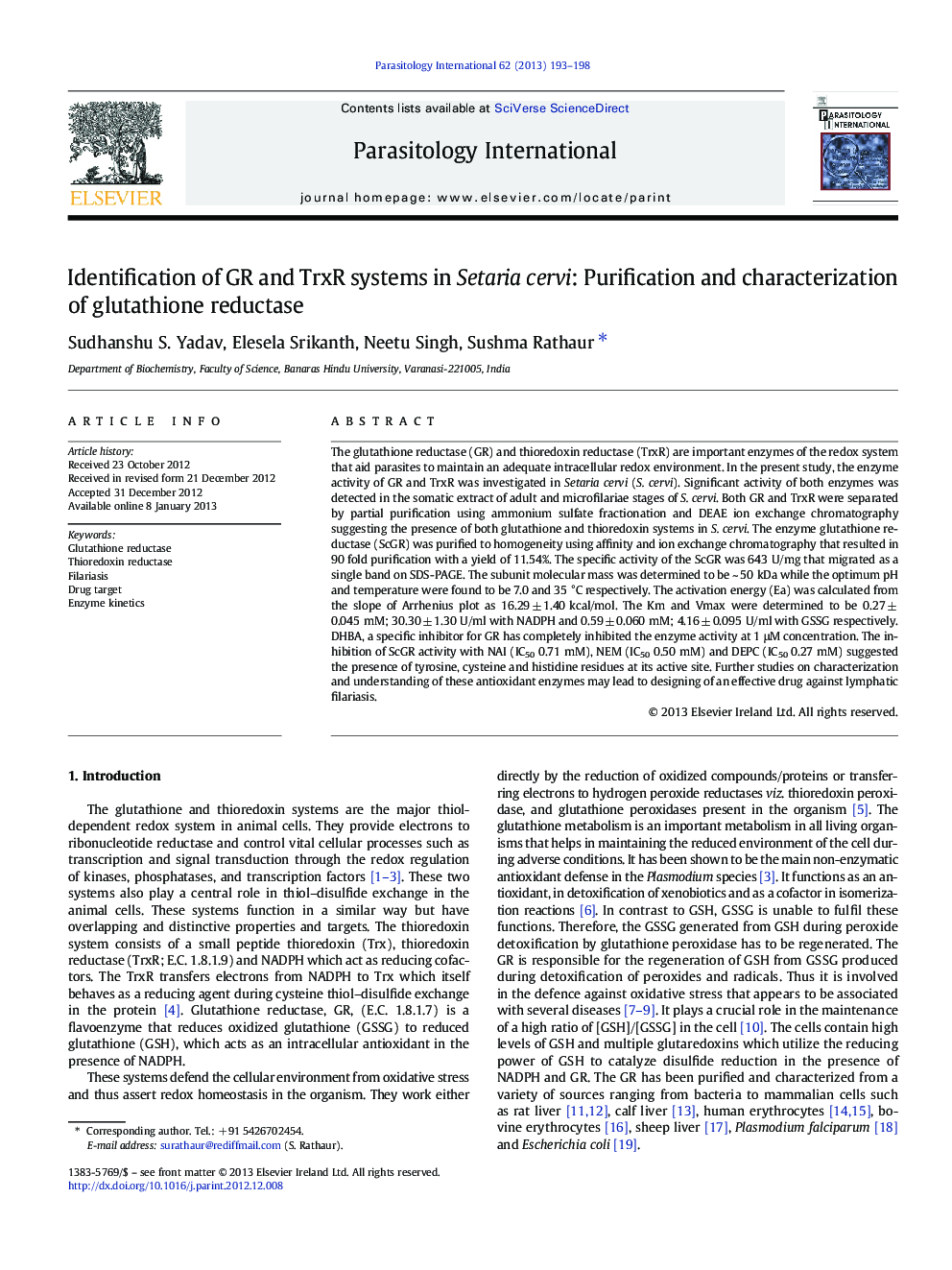 Identification of GR and TrxR systems in Setaria cervi: Purification and characterization of glutathione reductase