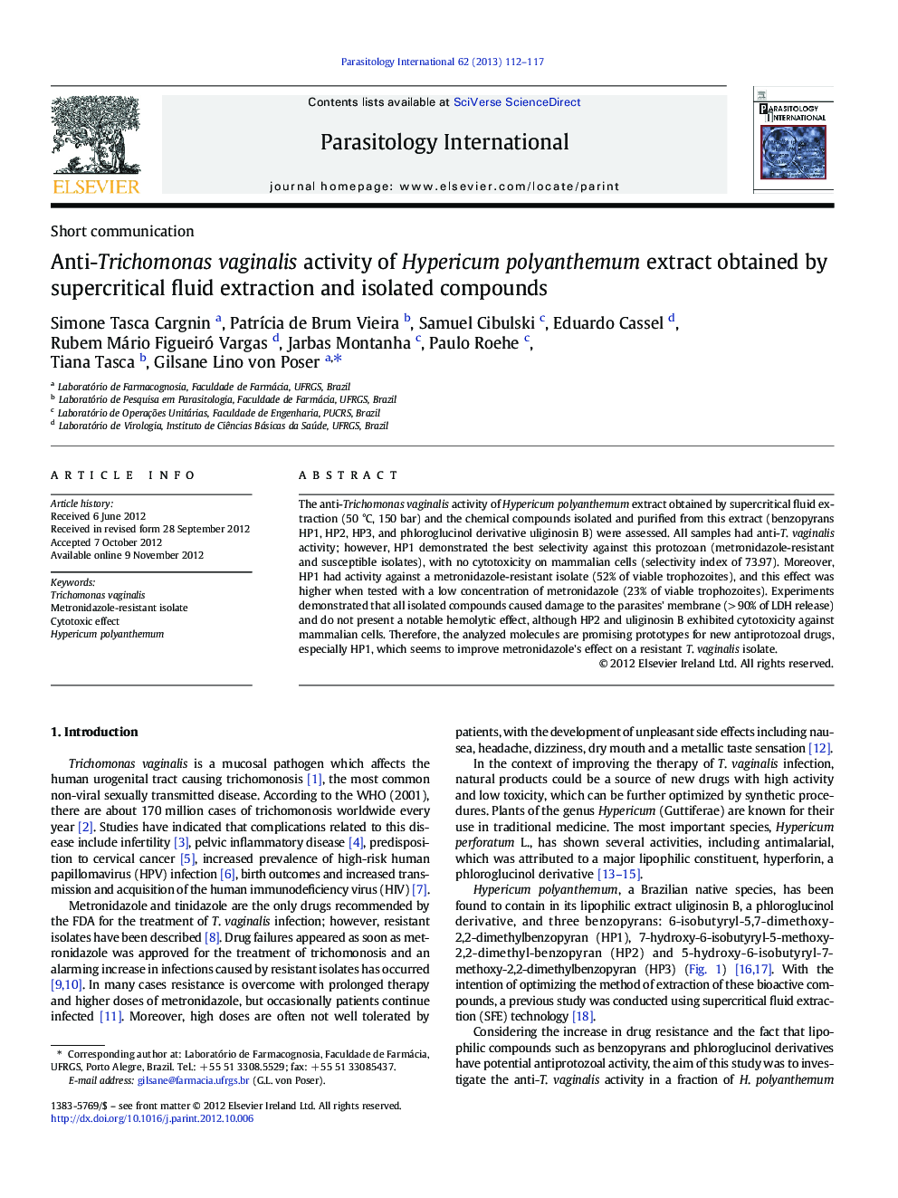 Anti-Trichomonas vaginalis activity of Hypericum polyanthemum extract obtained by supercritical fluid extraction and isolated compounds