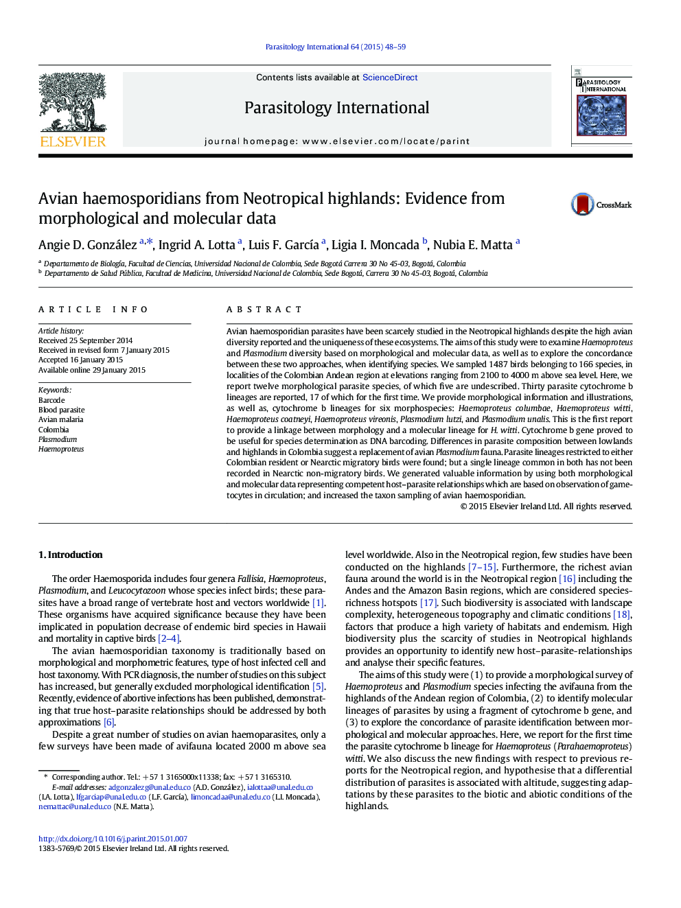 Avian haemosporidians from Neotropical highlands: Evidence from morphological and molecular data