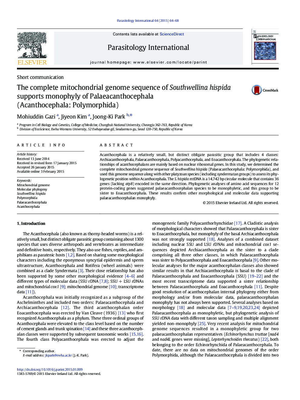 The complete mitochondrial genome sequence of Southwellina hispida supports monophyly of Palaeacanthocephala (Acanthocephala: Polymorphida)
