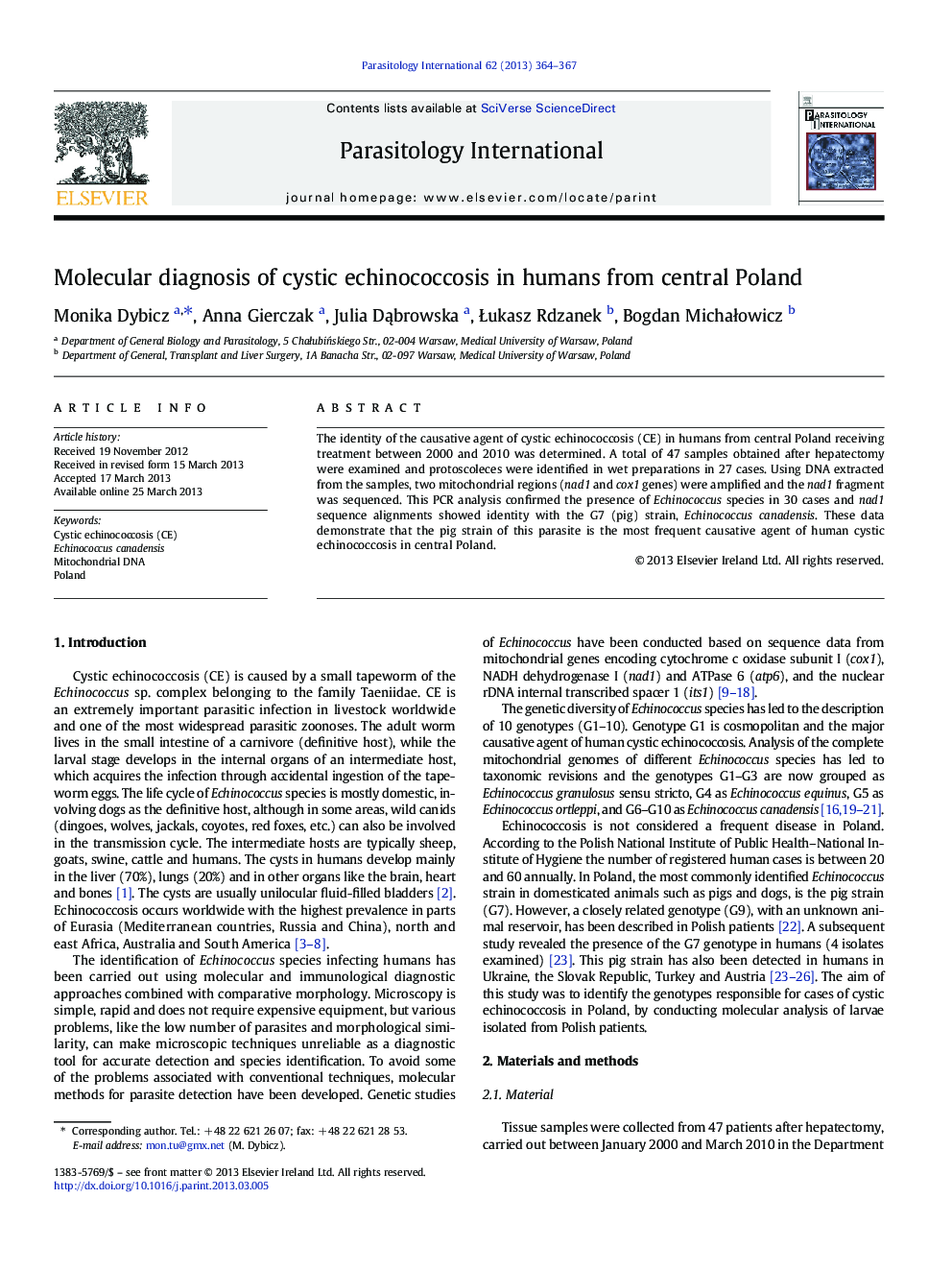 Molecular diagnosis of cystic echinococcosis in humans from central Poland