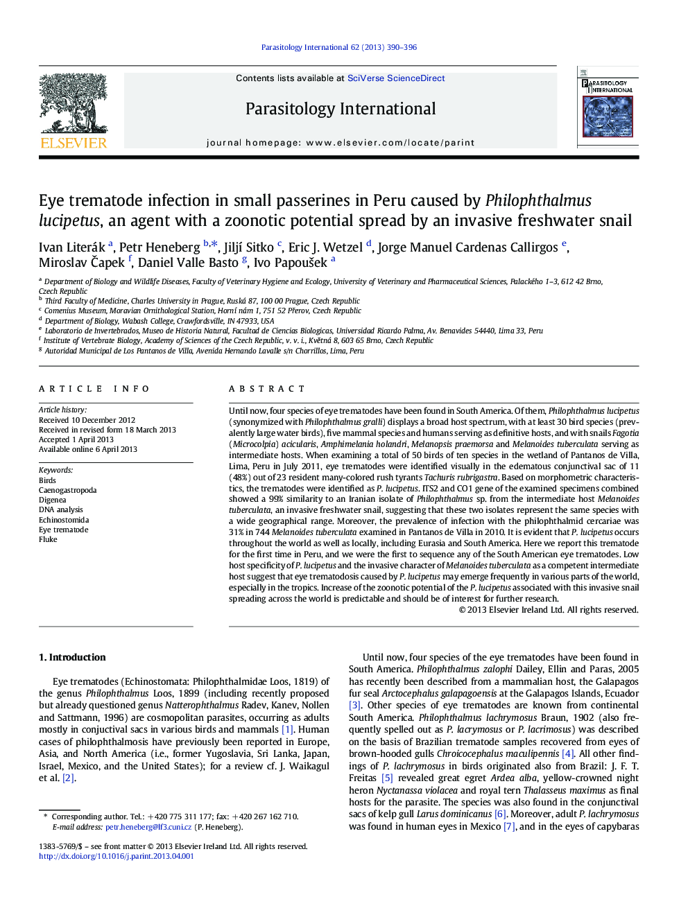 Eye trematode infection in small passerines in Peru caused by Philophthalmus lucipetus, an agent with a zoonotic potential spread by an invasive freshwater snail