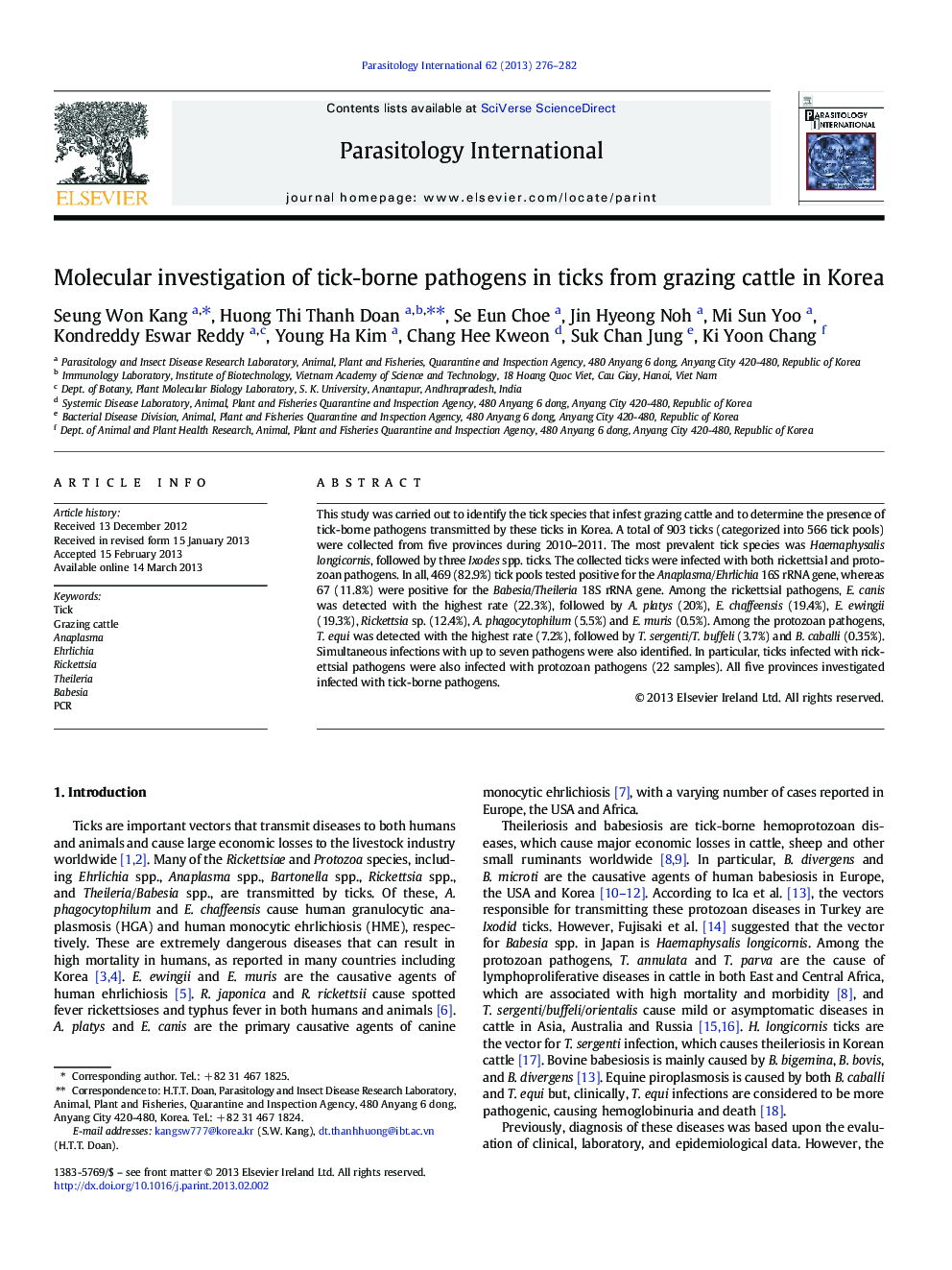 Molecular investigation of tick-borne pathogens in ticks from grazing cattle in Korea