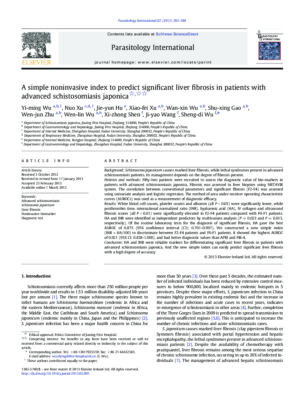 A simple noninvasive index to predict significant liver fibrosis in patients with advanced schistosomiasis japonica 