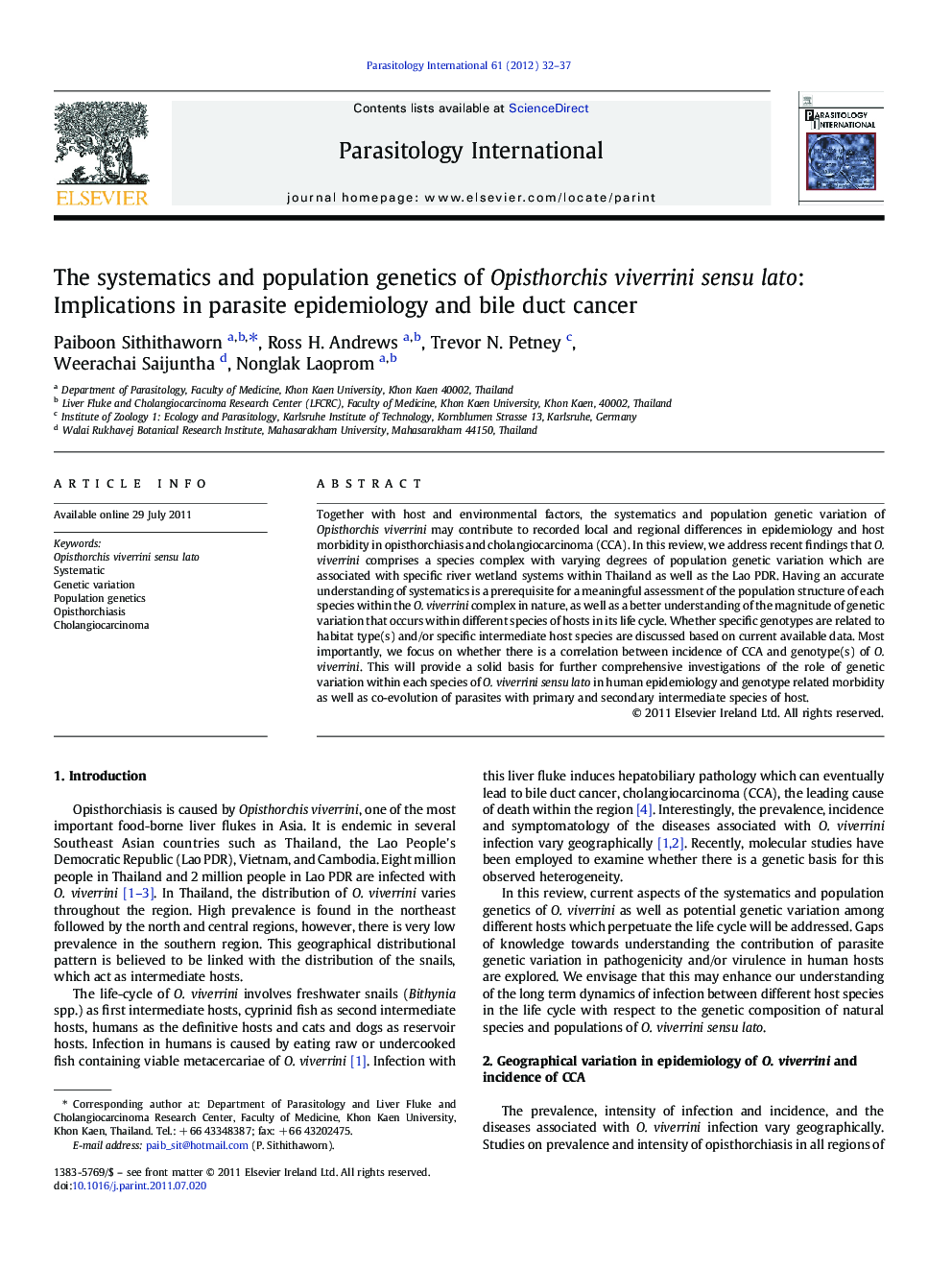 The systematics and population genetics of Opisthorchis viverrini sensu lato: Implications in parasite epidemiology and bile duct cancer