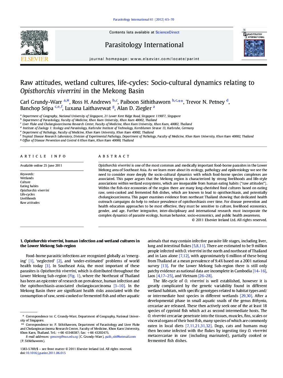 Raw attitudes, wetland cultures, life-cycles: Socio-cultural dynamics relating to Opisthorchis viverrini in the Mekong Basin