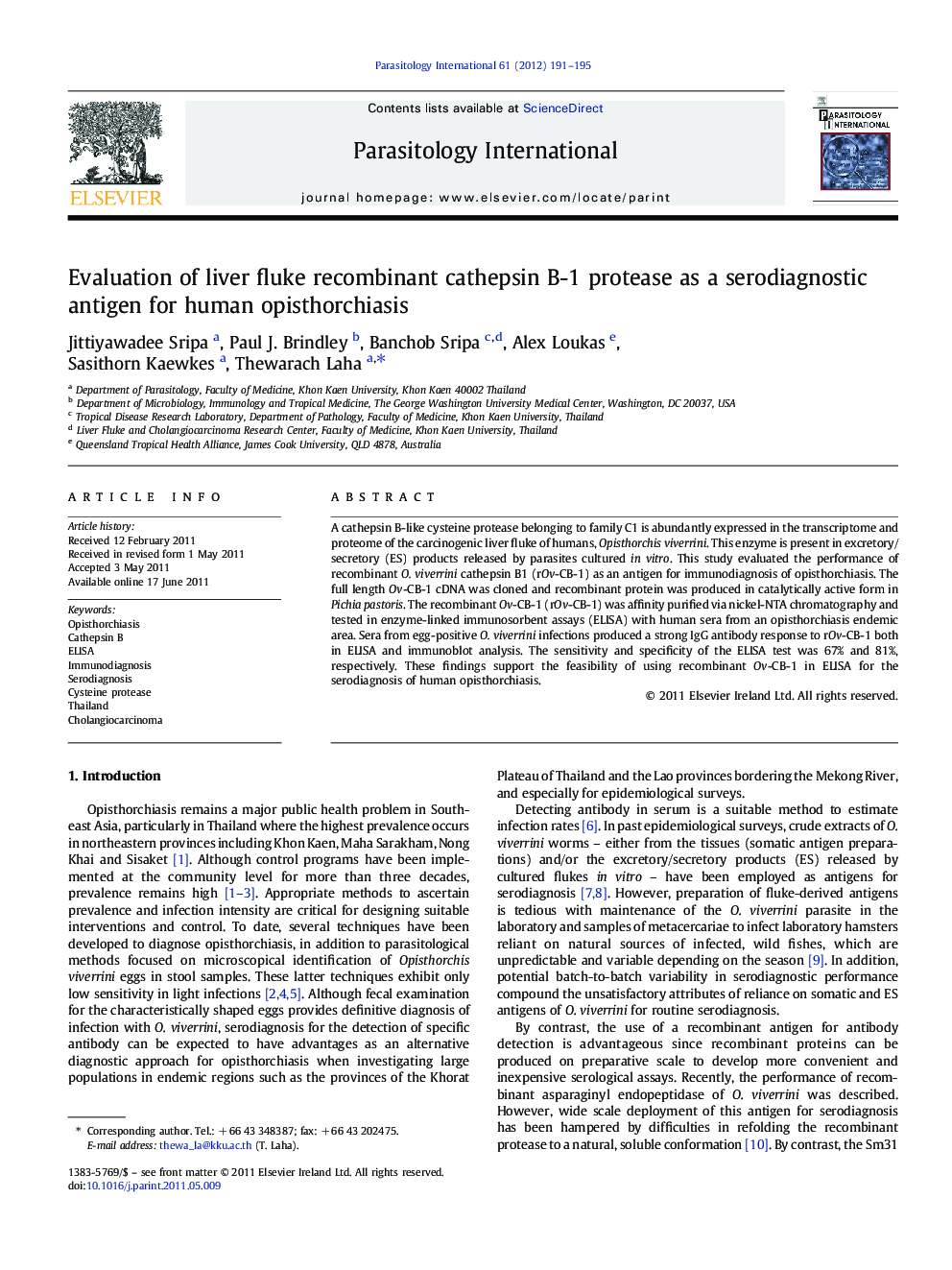 Evaluation of liver fluke recombinant cathepsin B-1 protease as a serodiagnostic antigen for human opisthorchiasis