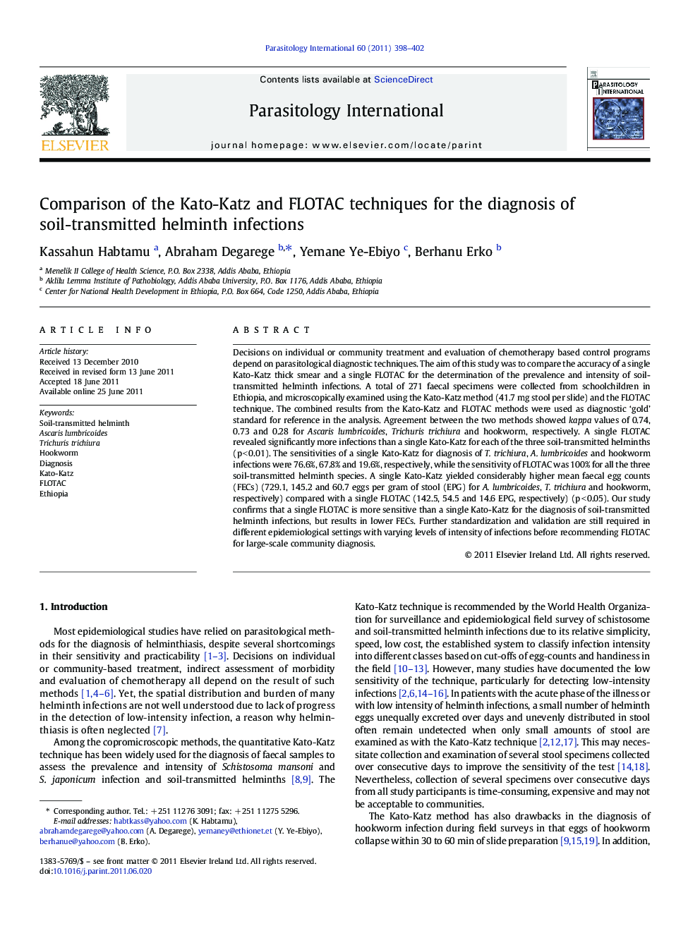 Comparison of the Kato-Katz and FLOTAC techniques for the diagnosis of soil-transmitted helminth infections