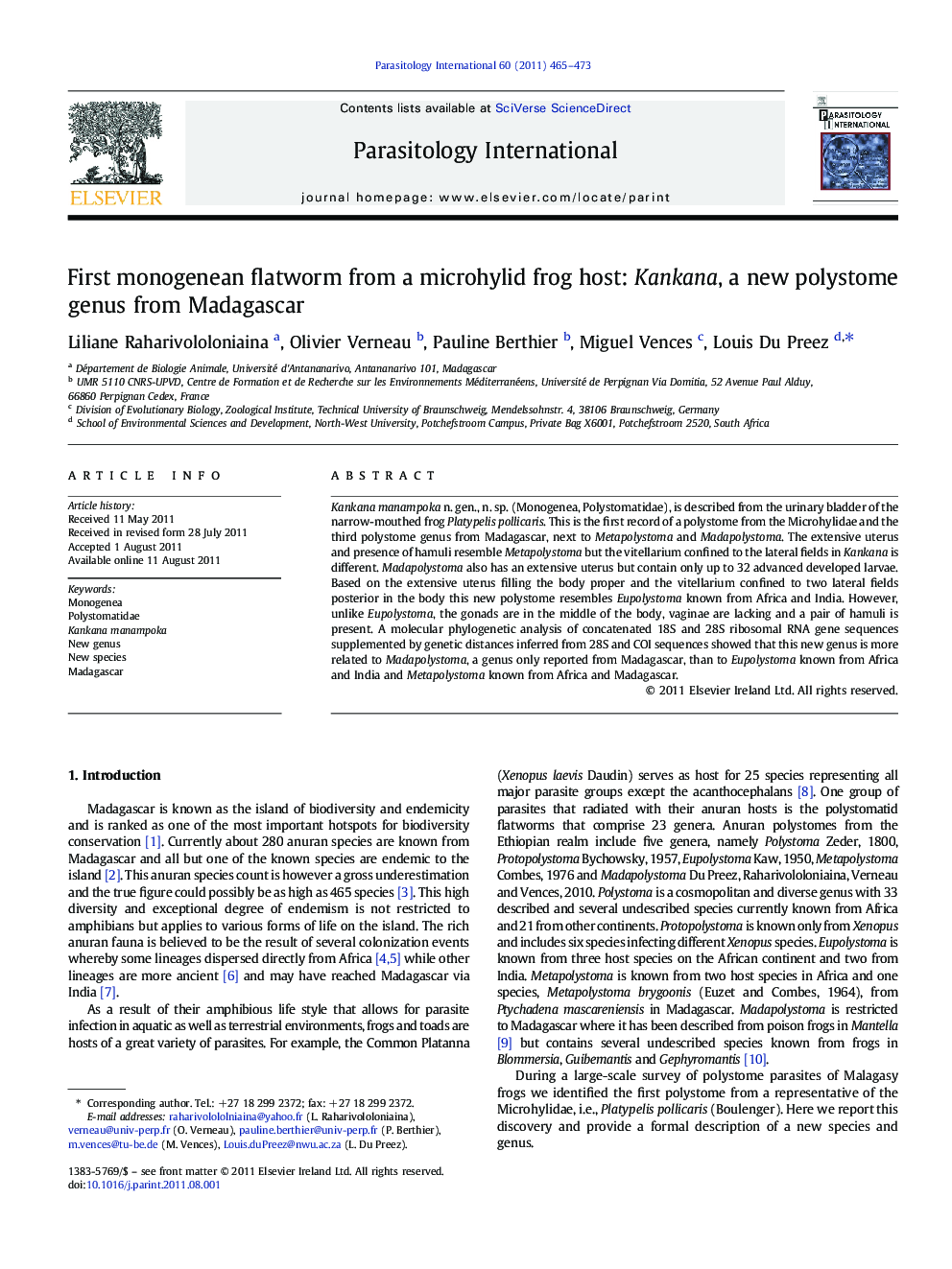 First monogenean flatworm from a microhylid frog host: Kankana, a new polystome genus from Madagascar