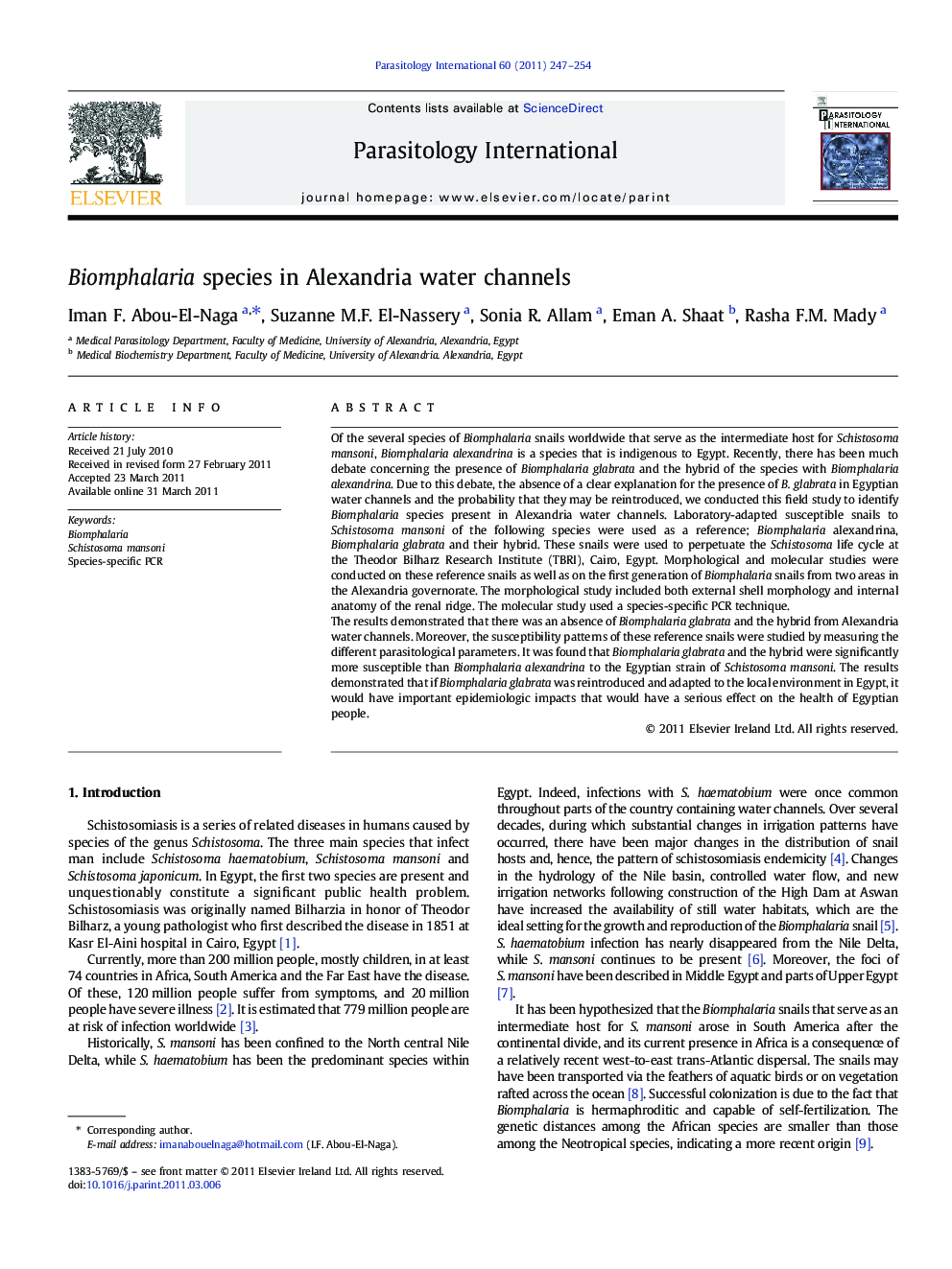 Biomphalaria species in Alexandria water channels