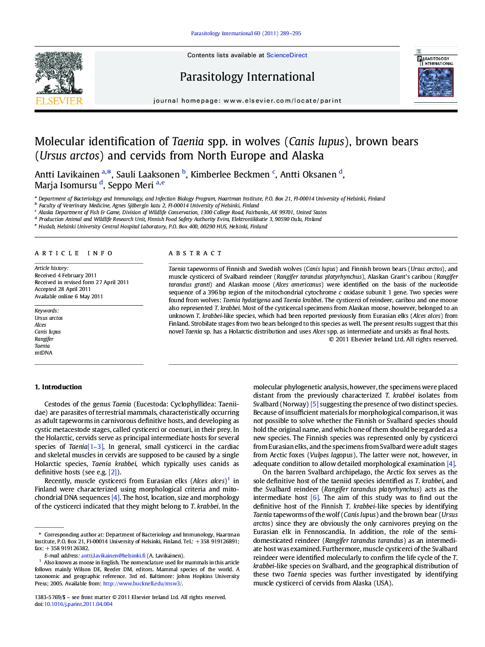 Molecular identification of Taenia spp. in wolves (Canis lupus), brown bears (Ursus arctos) and cervids from North Europe and Alaska