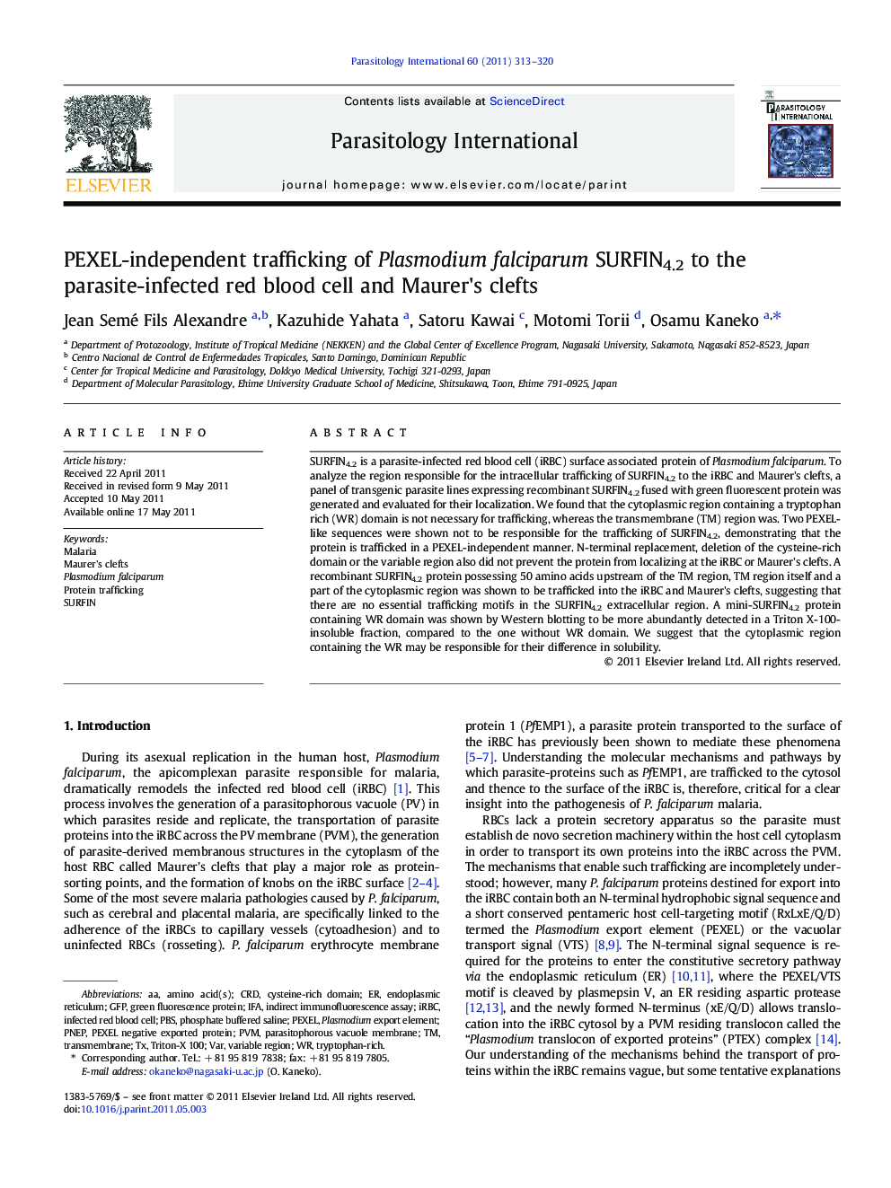 PEXEL-independent trafficking of Plasmodium falciparum SURFIN4.2 to the parasite-infected red blood cell and Maurer's clefts