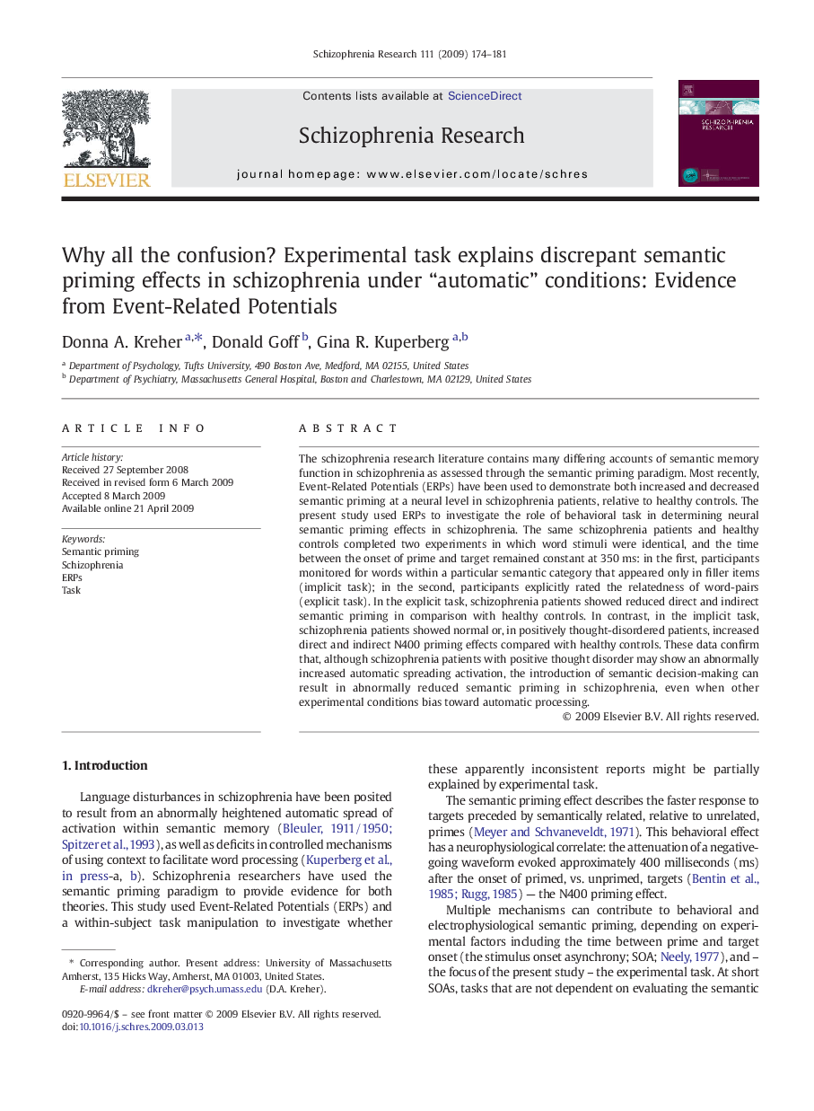 Why all the confusion? Experimental task explains discrepant semantic priming effects in schizophrenia under “automatic” conditions: Evidence from Event-Related Potentials