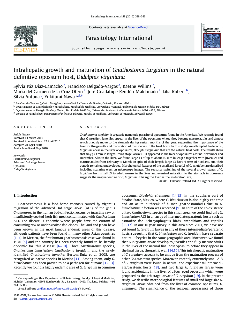 Intrahepatic growth and maturation of Gnathostoma turgidum in the natural definitive opossum host, Didelphis virginiana