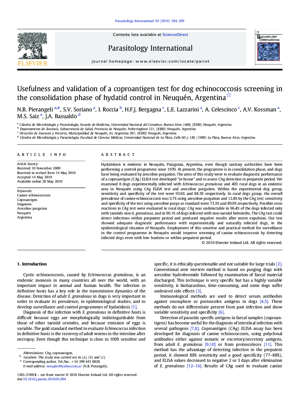 Usefulness and validation of a coproantigen test for dog echinococcosis screening in the consolidation phase of hydatid control in Neuquén, Argentina 