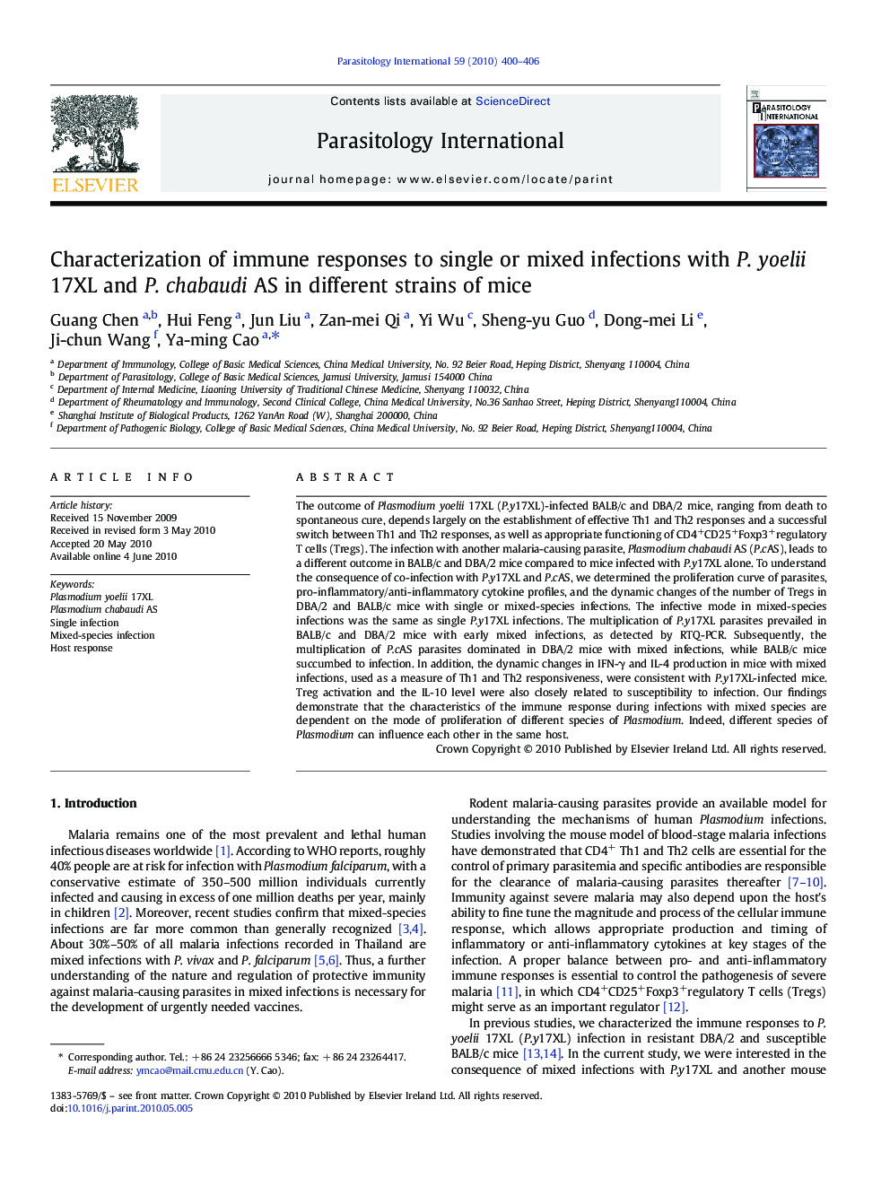 Characterization of immune responses to single or mixed infections with P. yoelii 17XL and P. chabaudi AS in different strains of mice