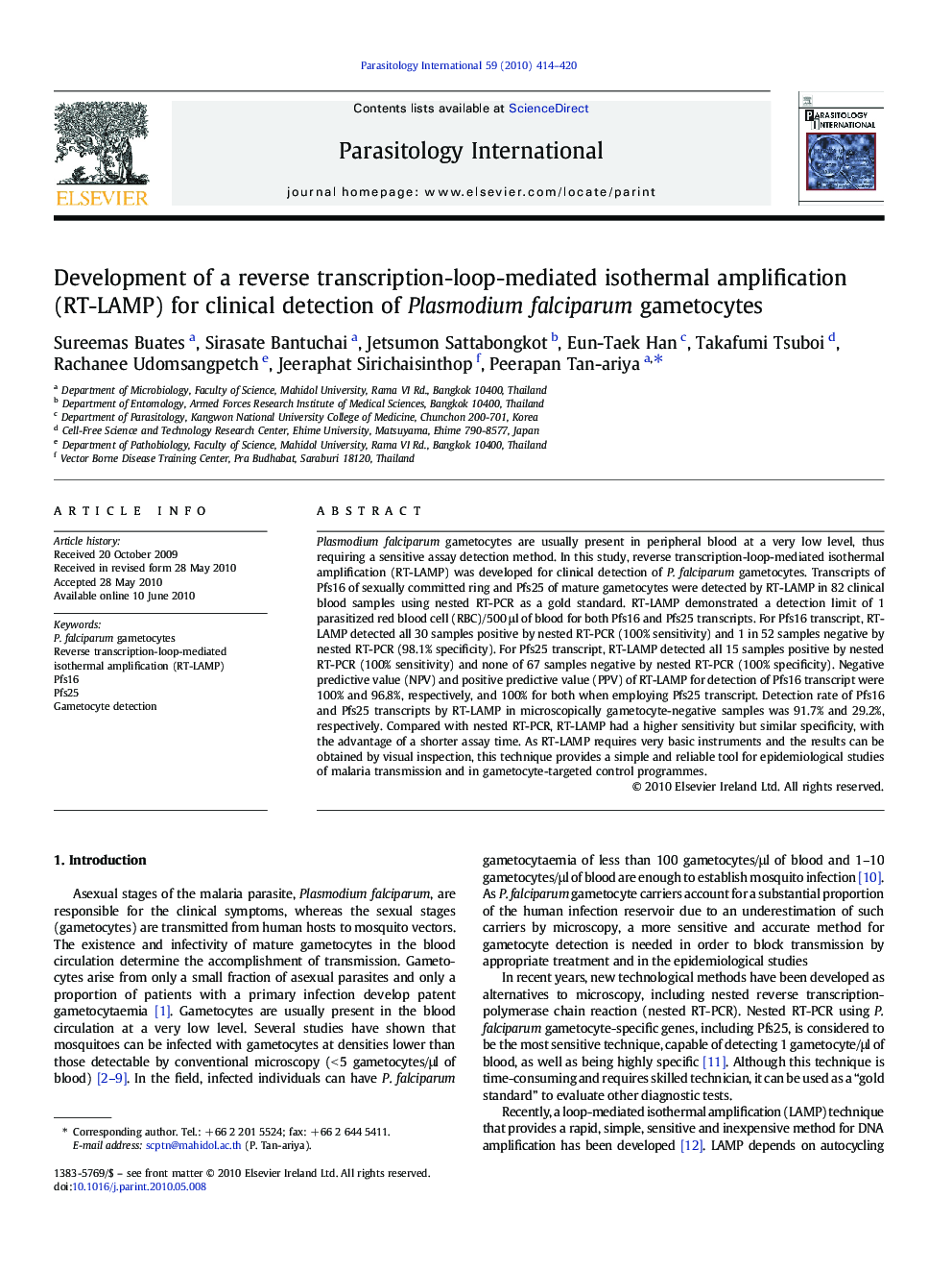 Development of a reverse transcription-loop-mediated isothermal amplification (RT-LAMP) for clinical detection of Plasmodium falciparum gametocytes