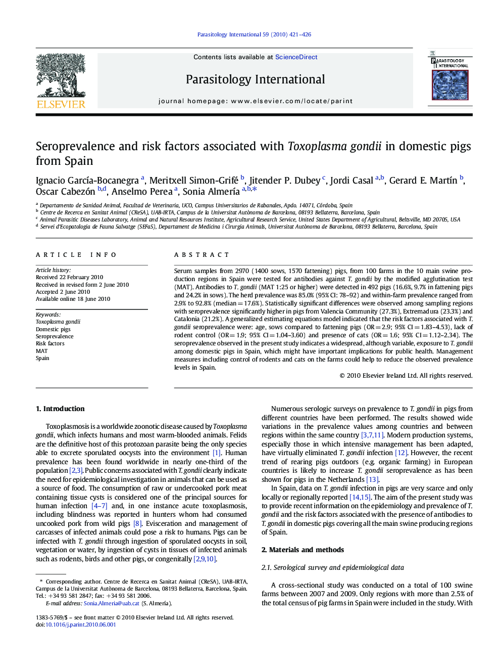 Seroprevalence and risk factors associated with Toxoplasma gondii in domestic pigs from Spain