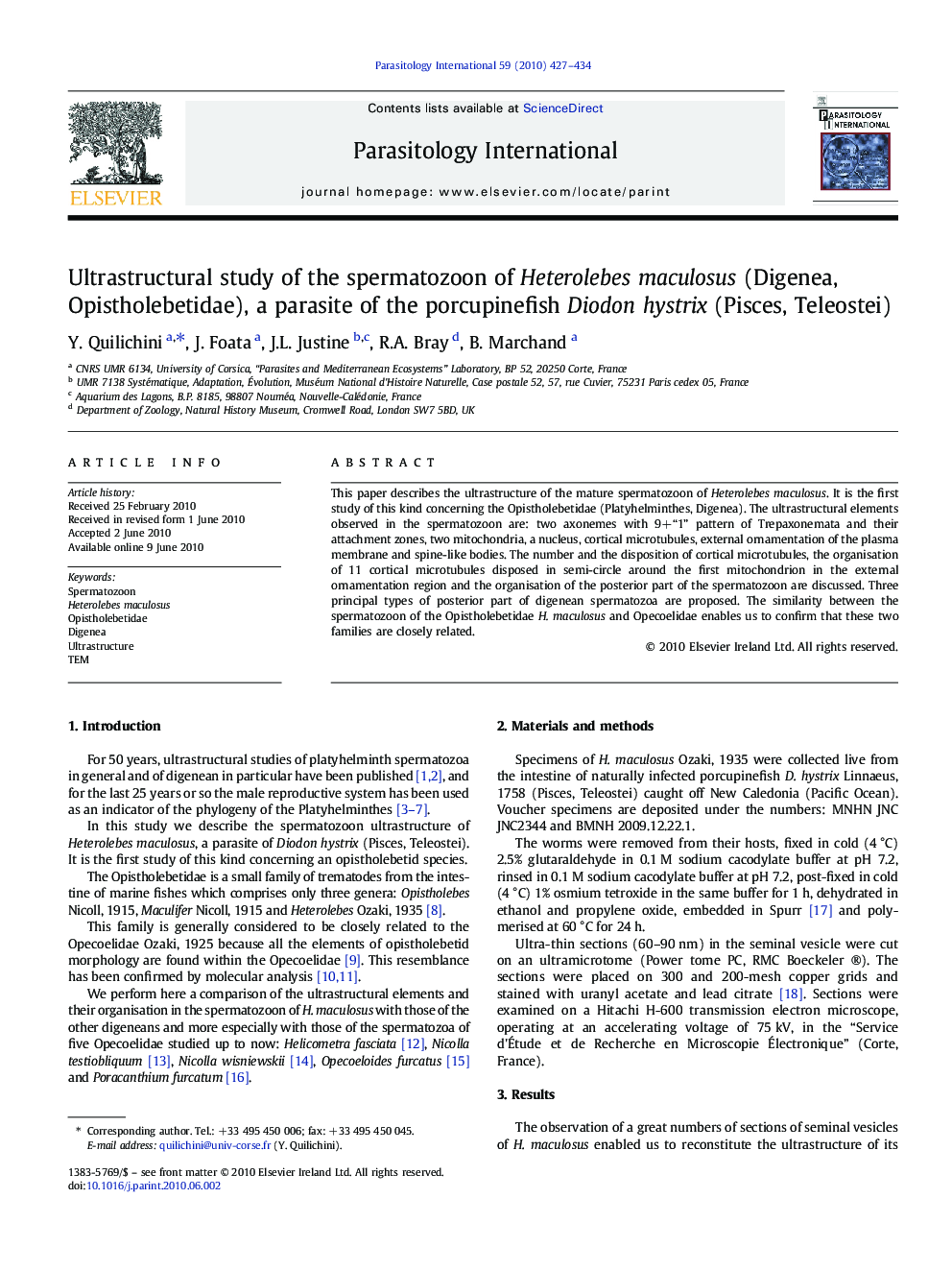 Ultrastructural study of the spermatozoon of Heterolebes maculosus (Digenea, Opistholebetidae), a parasite of the porcupinefish Diodon hystrix (Pisces, Teleostei)