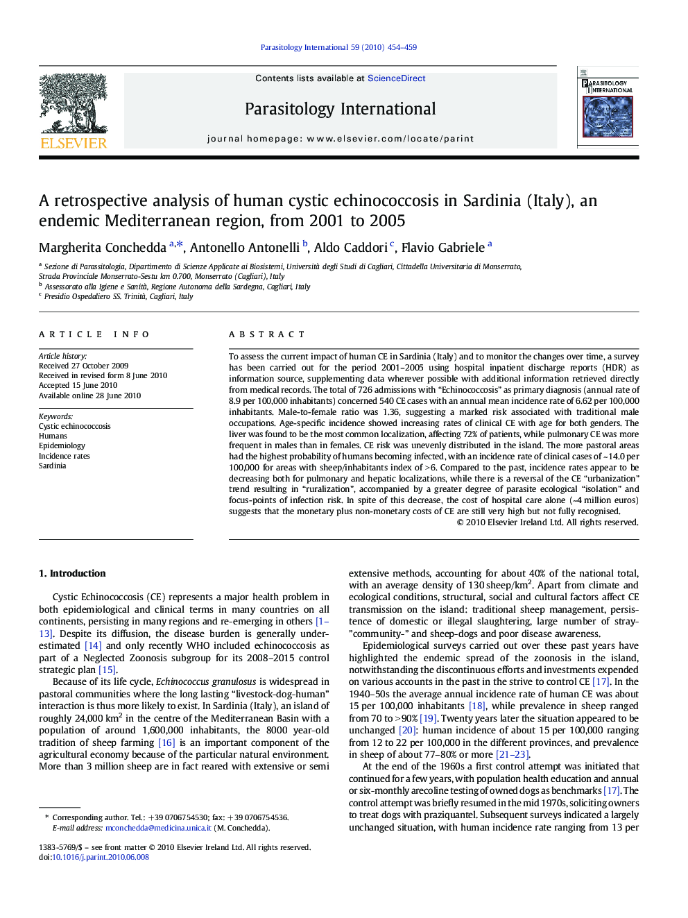 A retrospective analysis of human cystic echinococcosis in Sardinia (Italy), an endemic Mediterranean region, from 2001 to 2005