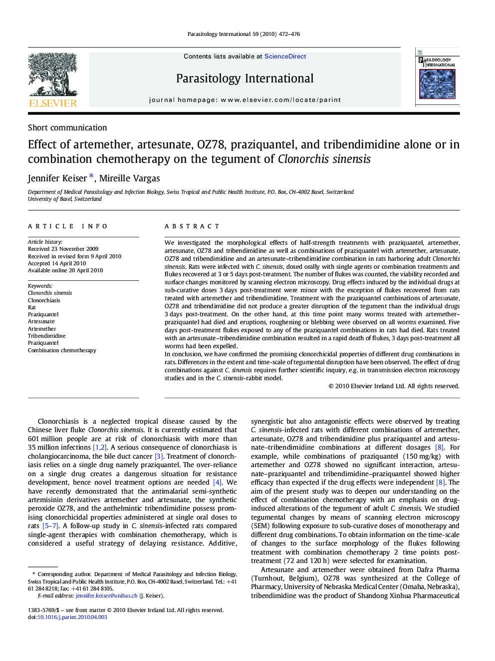 Effect of artemether, artesunate, OZ78, praziquantel, and tribendimidine alone or in combination chemotherapy on the tegument of Clonorchis sinensis