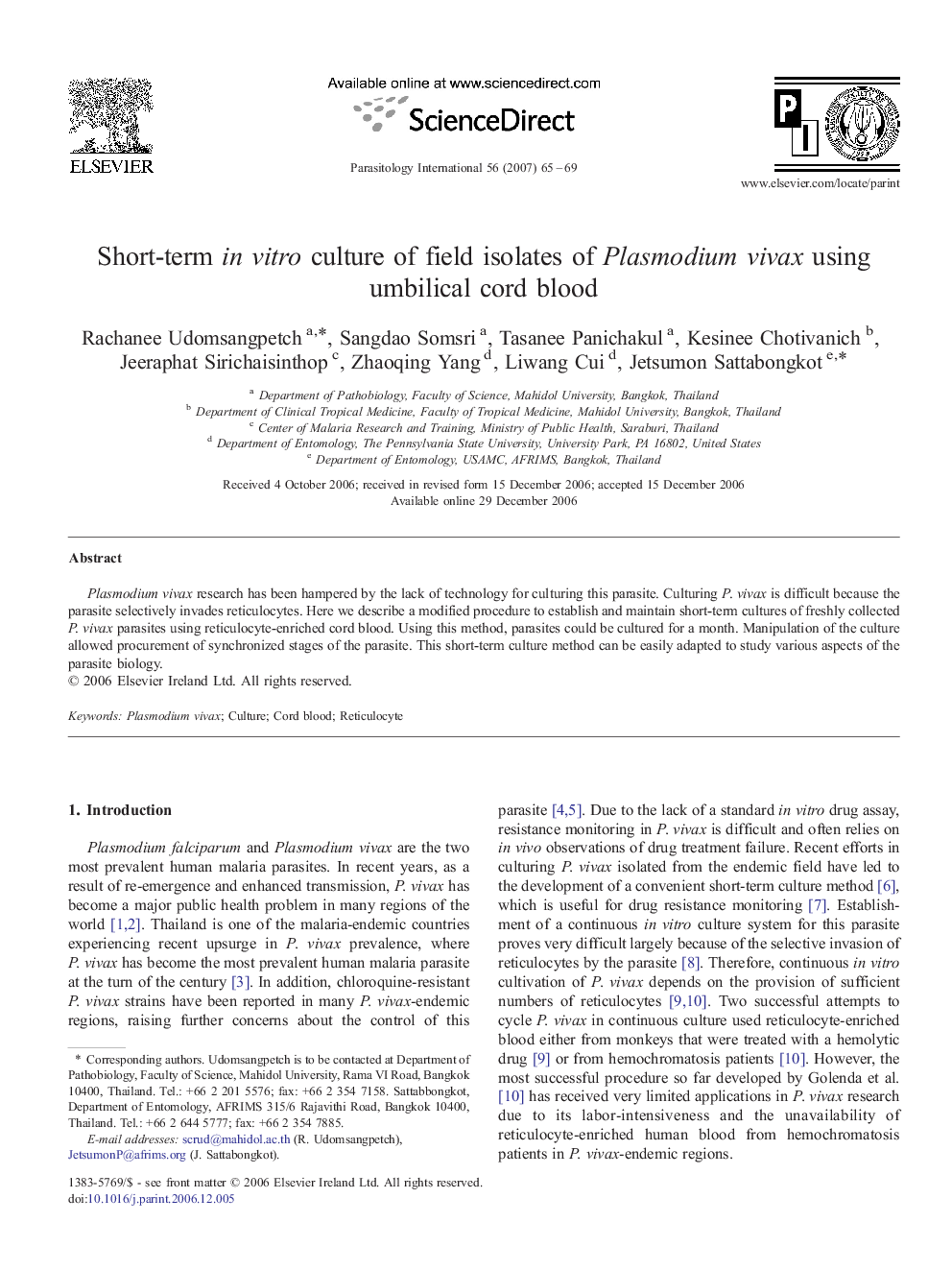 Short-term in vitro culture of field isolates of Plasmodium vivax using umbilical cord blood