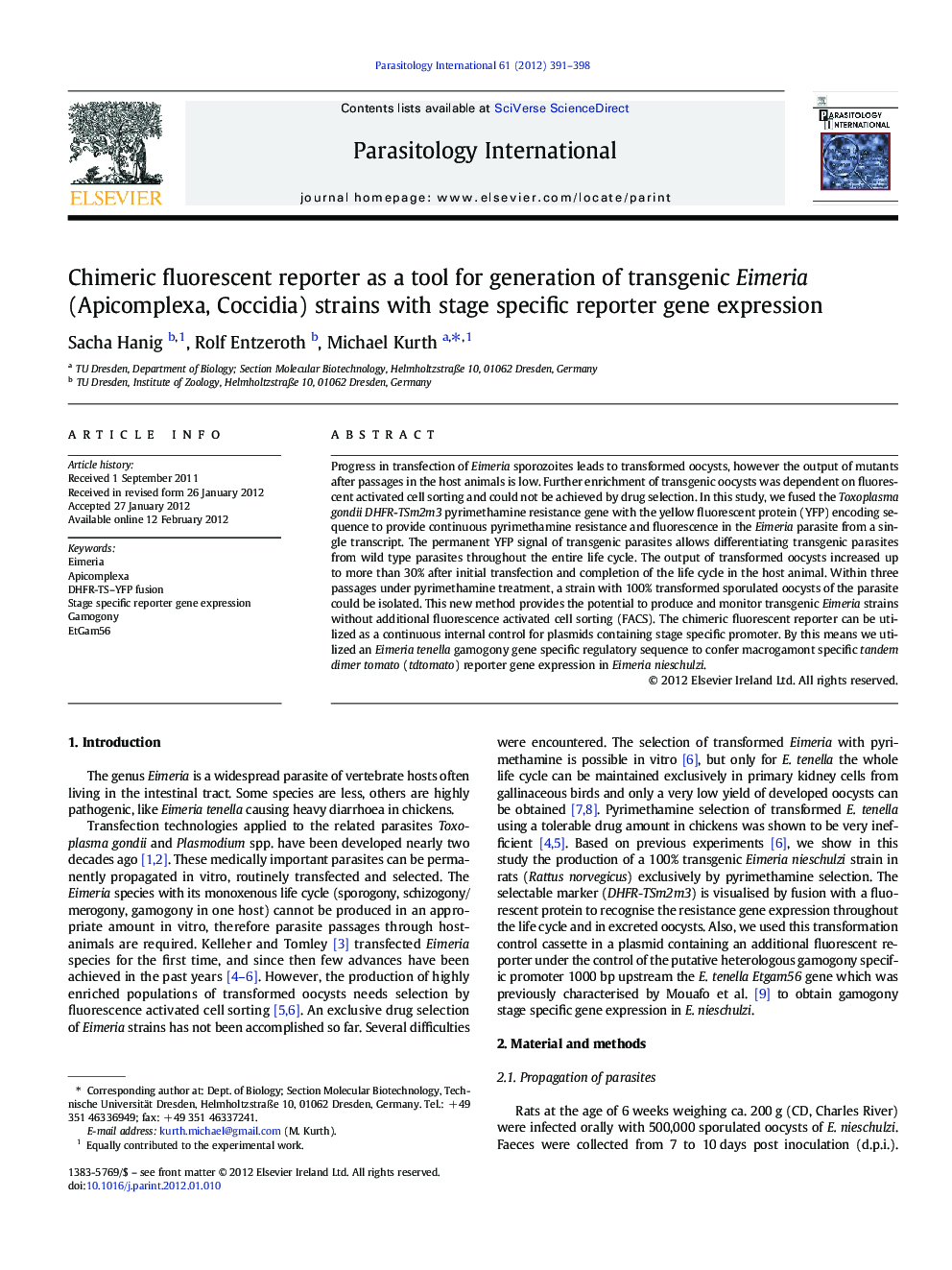 Chimeric fluorescent reporter as a tool for generation of transgenic Eimeria (Apicomplexa, Coccidia) strains with stage specific reporter gene expression