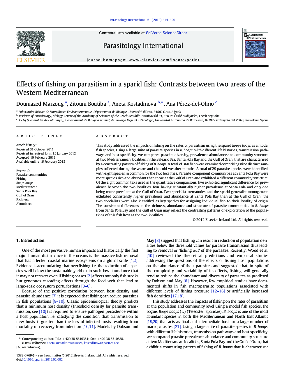 Effects of fishing on parasitism in a sparid fish: Contrasts between two areas of the Western Mediterranean