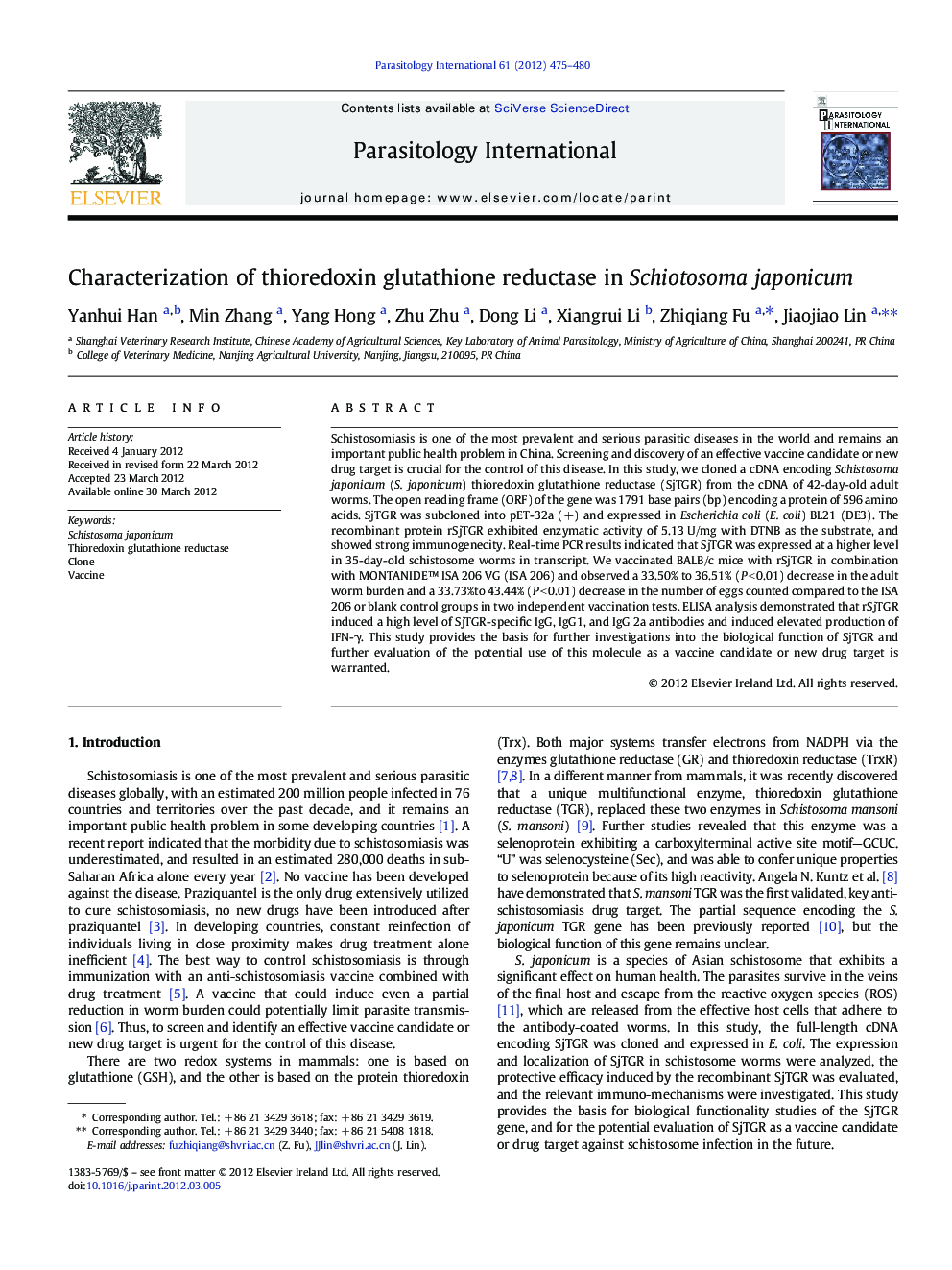 Characterization of thioredoxin glutathione reductase in Schiotosoma japonicum