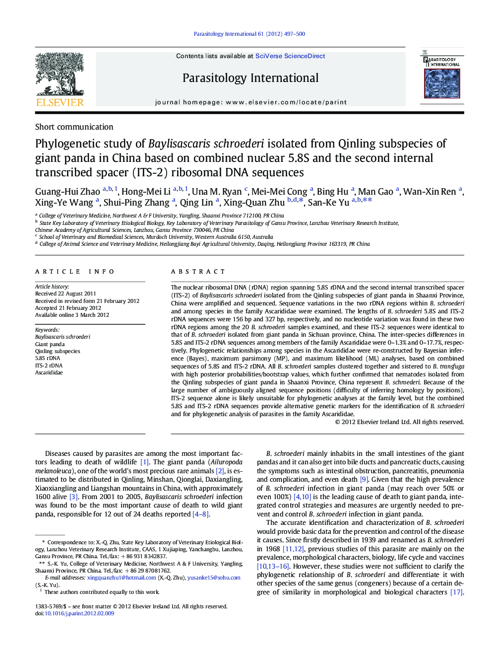 Phylogenetic study of Baylisascaris schroederi isolated from Qinling subspecies of giant panda in China based on combined nuclear 5.8S and the second internal transcribed spacer (ITS-2) ribosomal DNA sequences