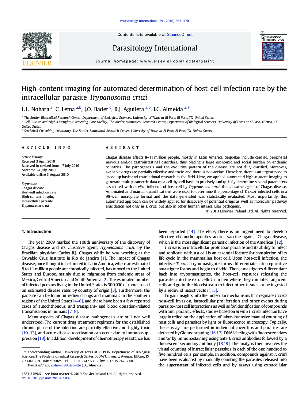 High-content imaging for automated determination of host-cell infection rate by the intracellular parasite Trypanosoma cruzi