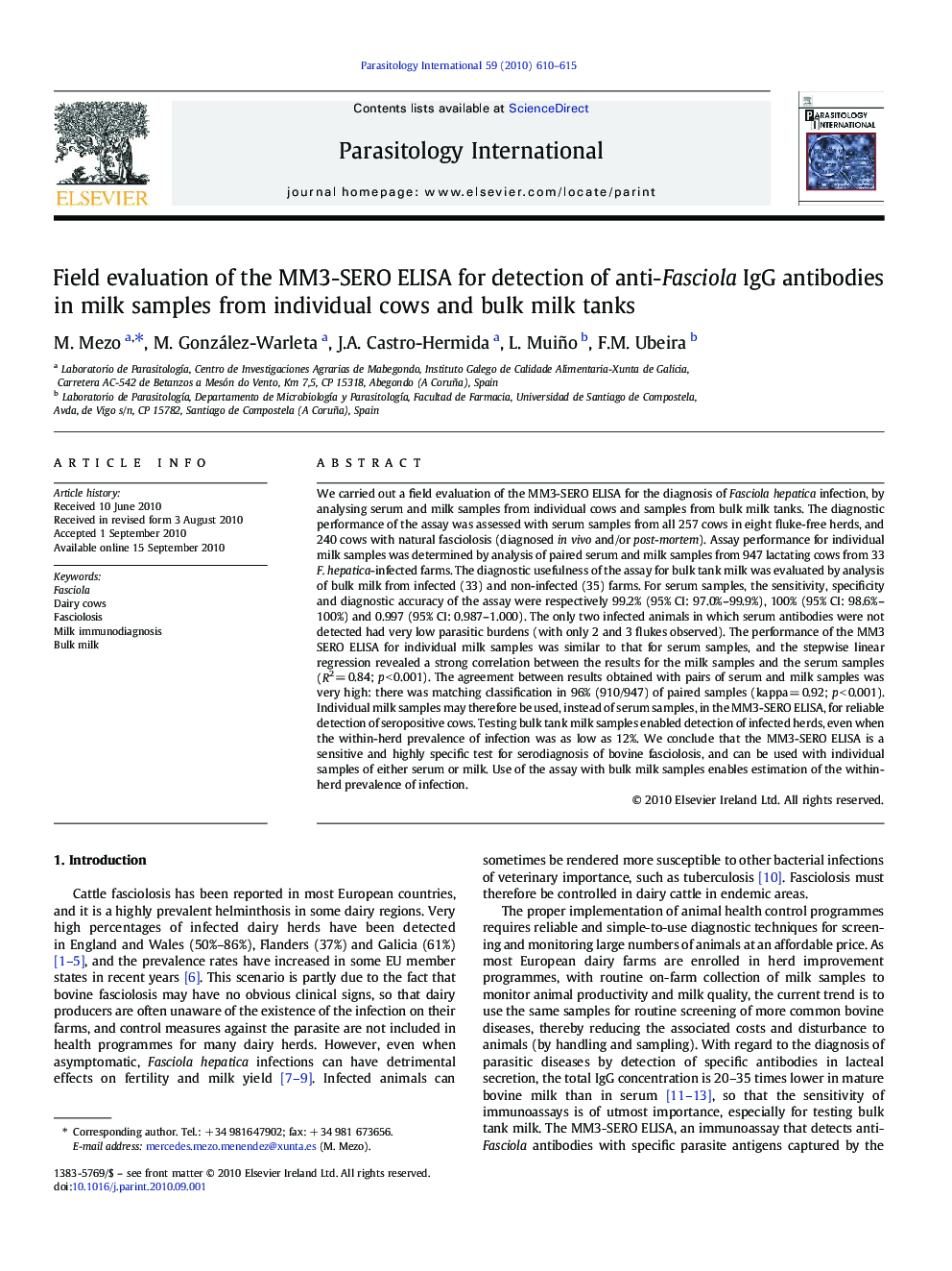 Field evaluation of the MM3-SERO ELISA for detection of anti-Fasciola IgG antibodies in milk samples from individual cows and bulk milk tanks