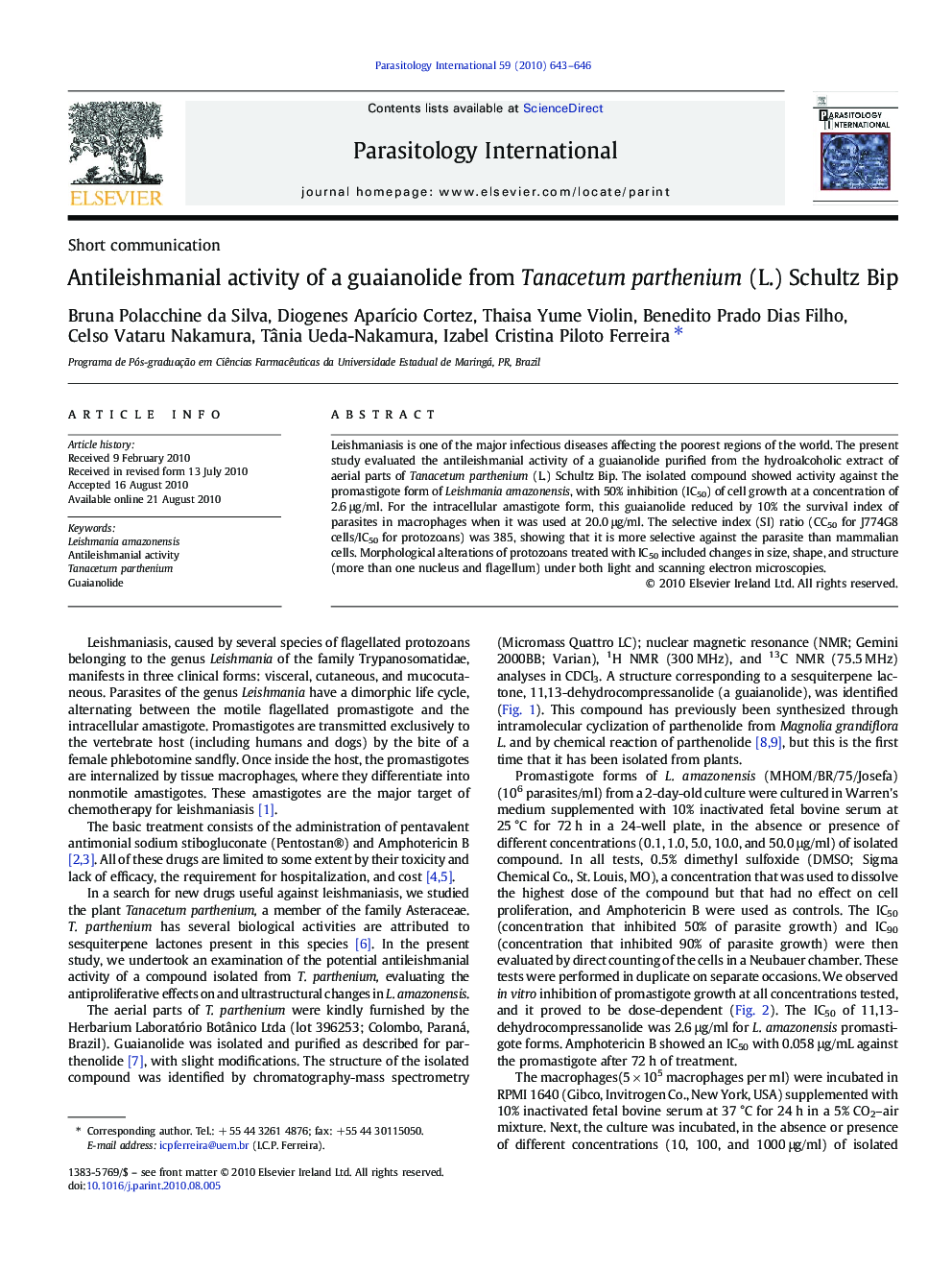 Antileishmanial activity of a guaianolide from Tanacetum parthenium (L.) Schultz Bip