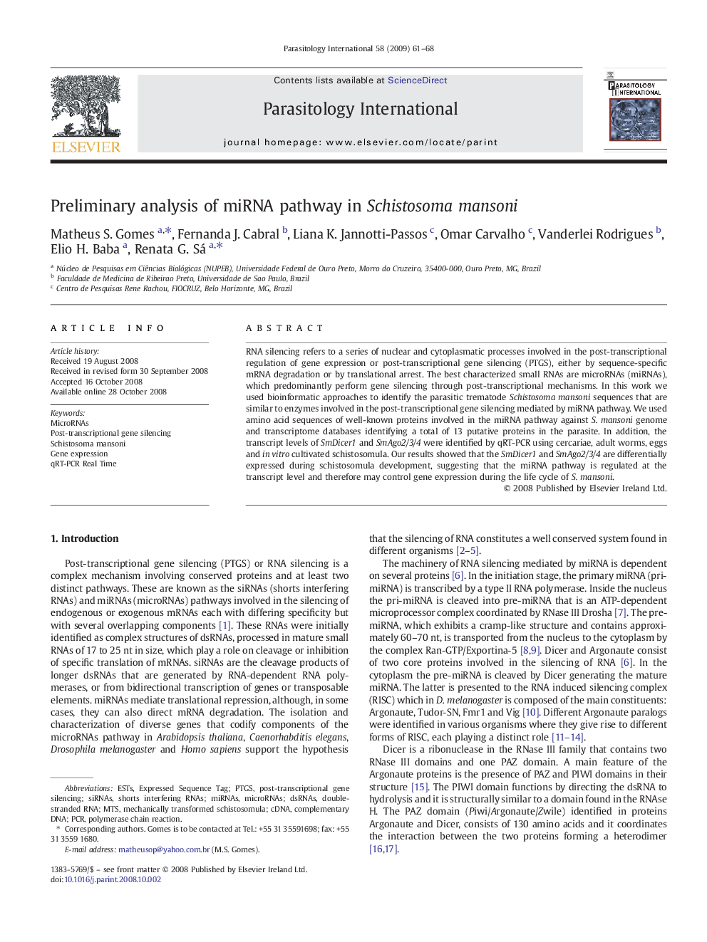 Preliminary analysis of miRNA pathway in Schistosoma mansoni