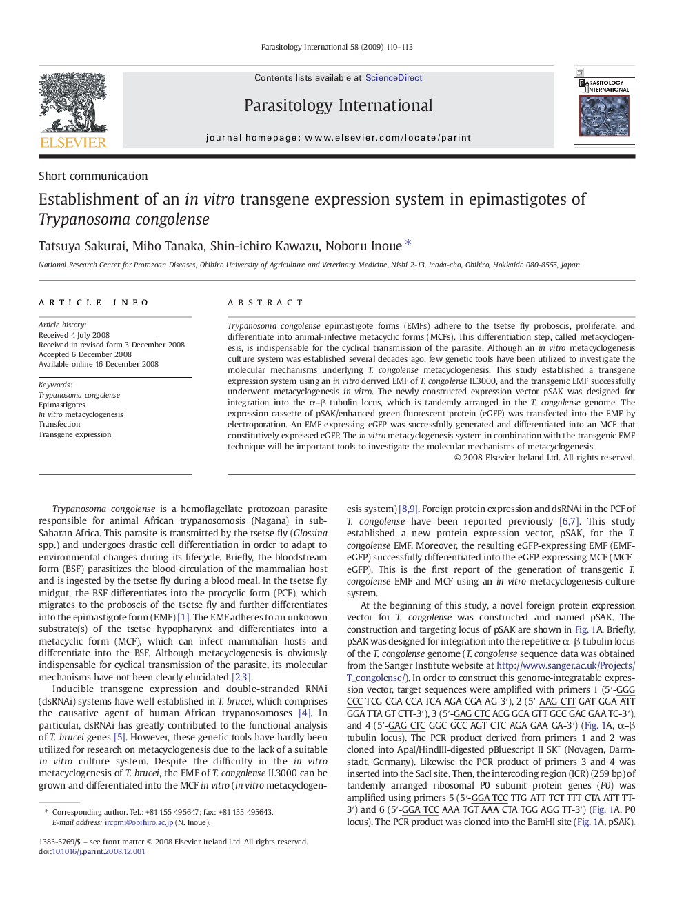 Establishment of an in vitro transgene expression system in epimastigotes of Trypanosoma congolense