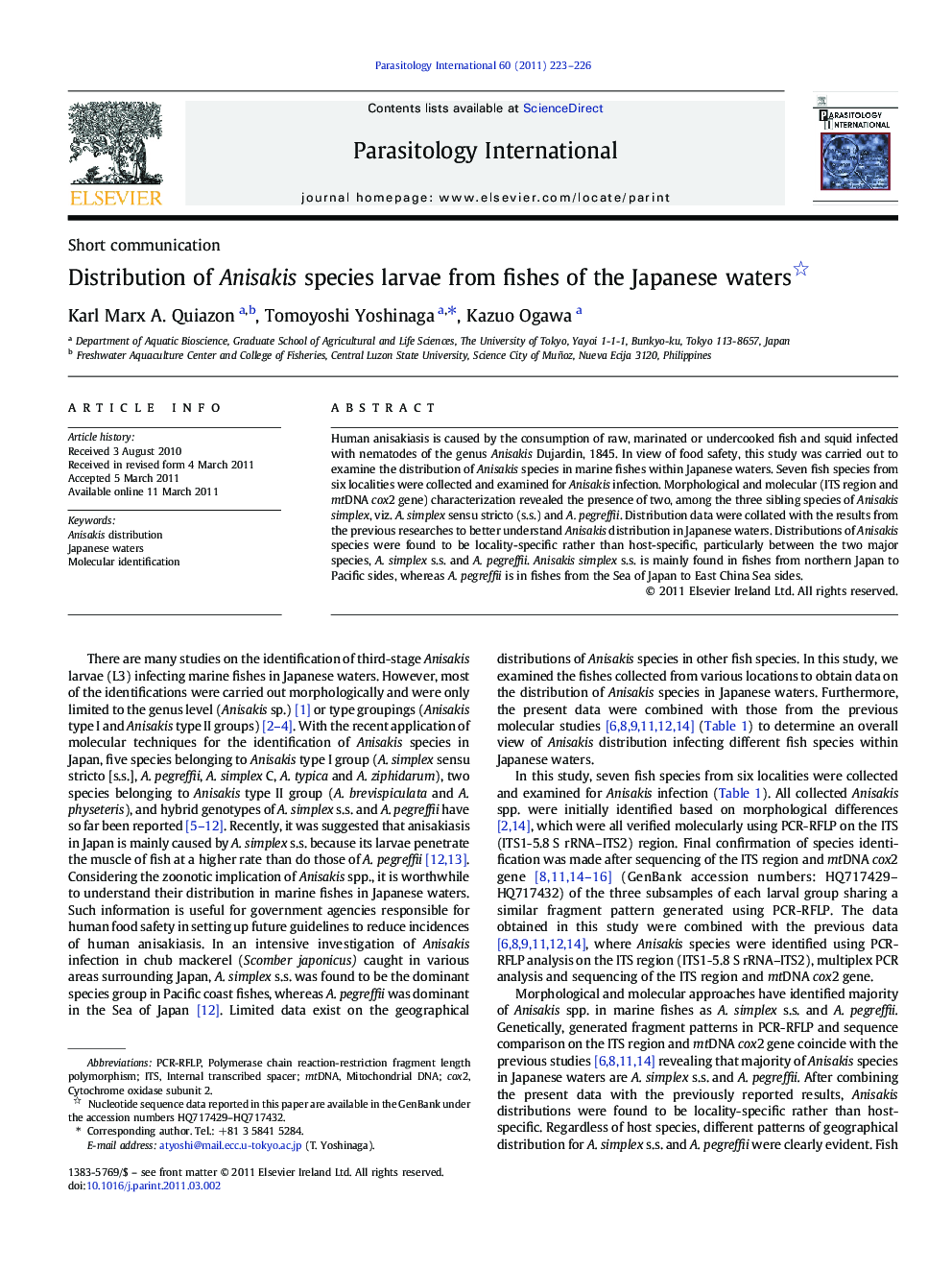 Distribution of Anisakis species larvae from fishes of the Japanese waters 