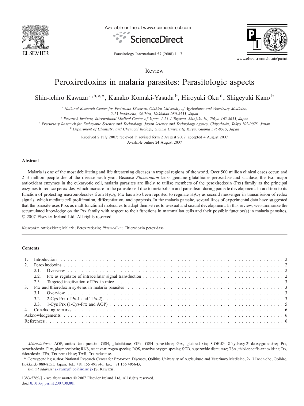 Peroxiredoxins in malaria parasites: Parasitologic aspects