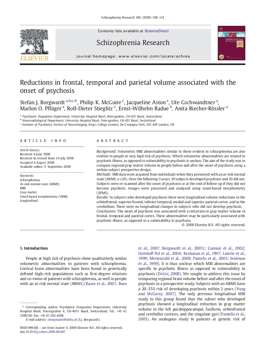 Reductions in frontal, temporal and parietal volume associated with the onset of psychosis