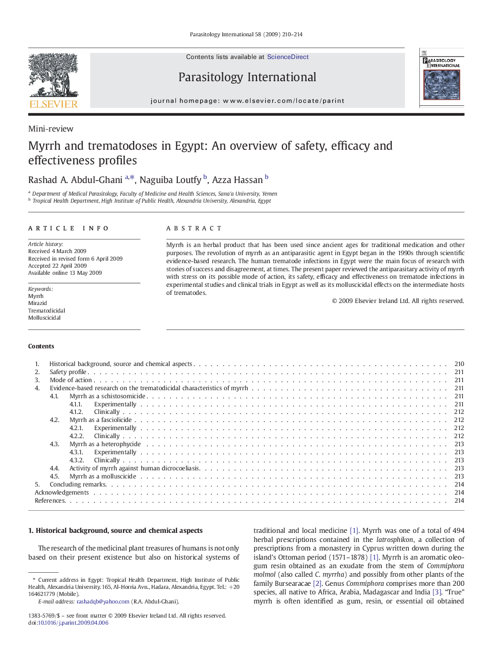 Myrrh and trematodoses in Egypt: An overview of safety, efficacy and effectiveness profiles