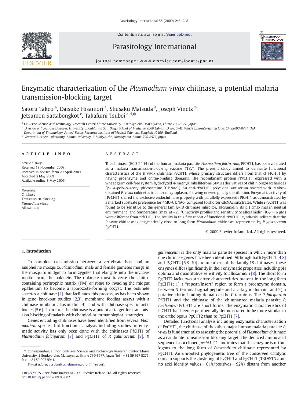 Enzymatic characterization of the Plasmodium vivax chitinase, a potential malaria transmission-blocking target